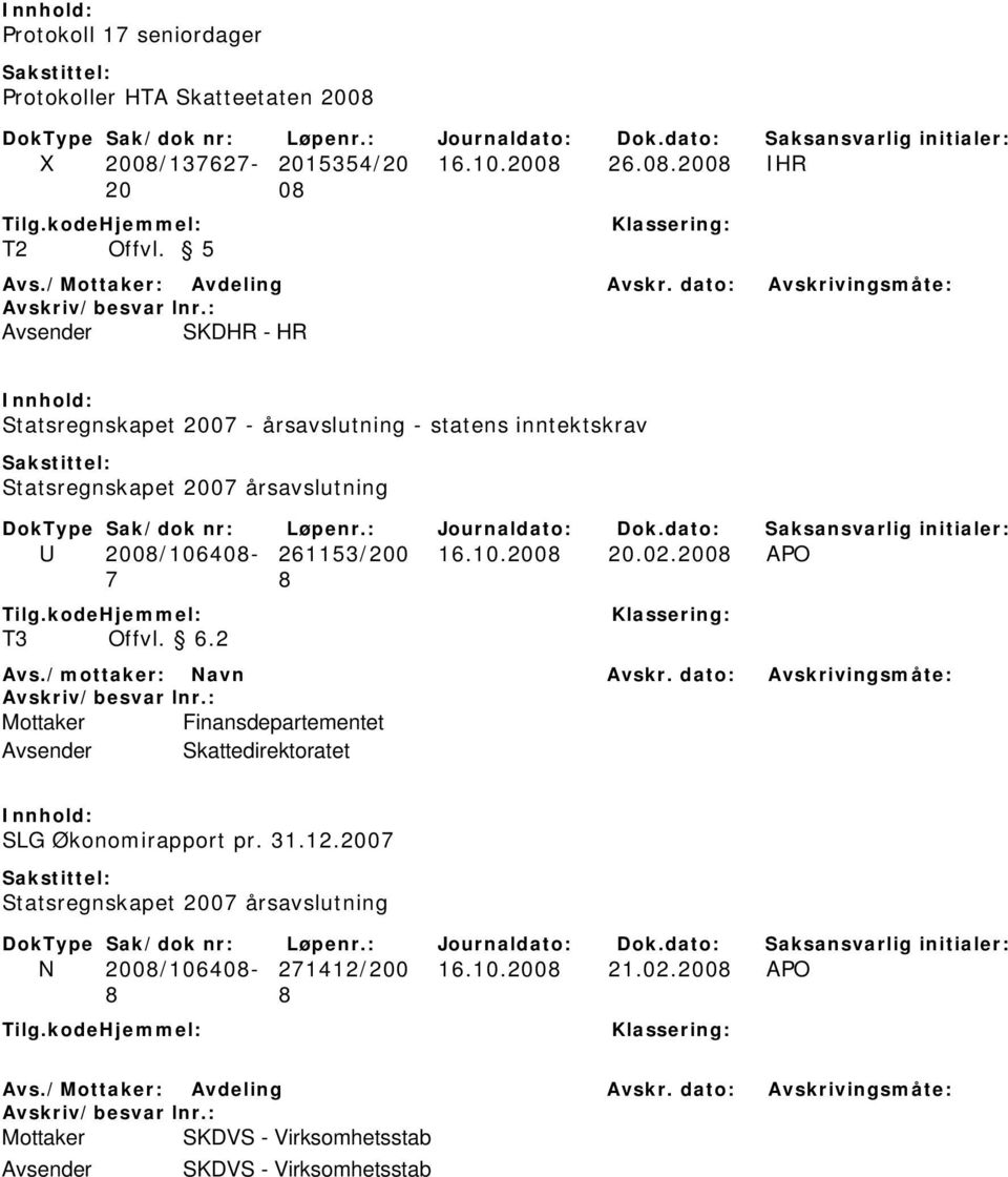 2008/106408-261153/200 16.10.2008 20.02.2008 APO 7 8 T3 Offvl. 6.2 Finansdepartementet SLG Økonomirapport pr. 31.12.