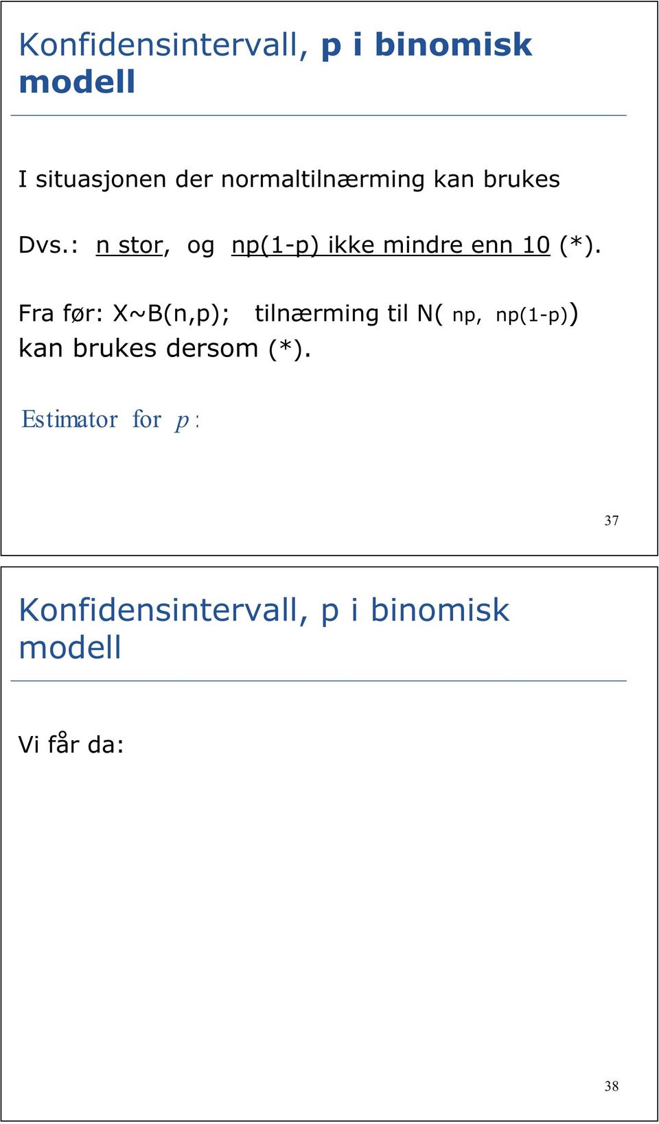 Fra før: ~B(p); tilærmig til N( p p(1-p)) ka brukes dersom (*).