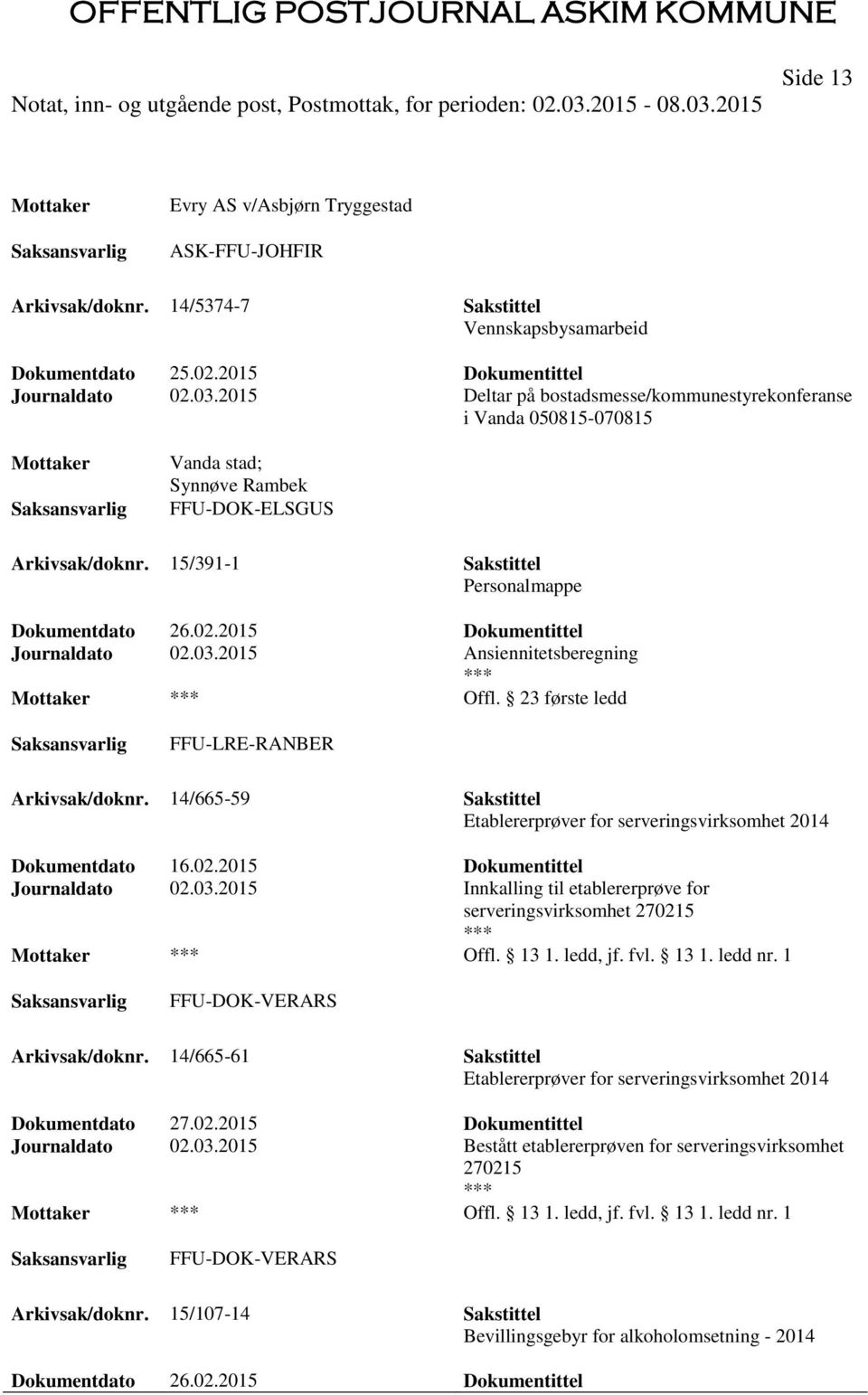 2015 Dokumentittel Journaldato 02.03.2015 Ansiennitetsberegning Offl. 23 første ledd FFU-LRE-RANBER Arkivsak/doknr. 14/665-59 Sakstittel Etablererprøver for serveringsvirksomhet 2014 Dokumentdato 16.