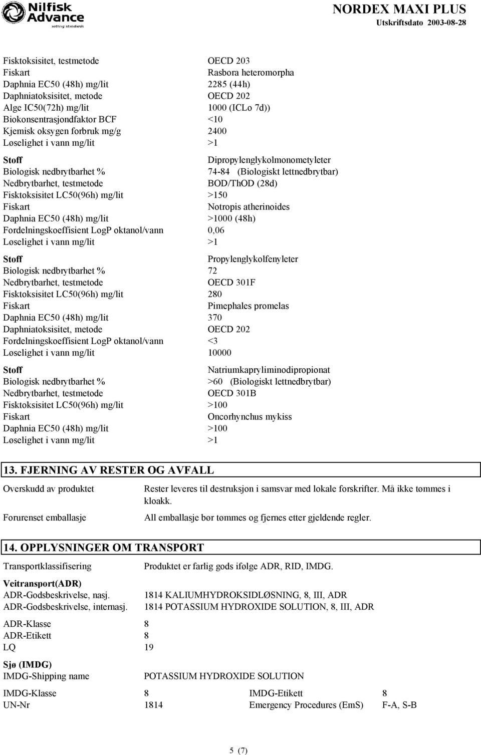 oktanol/vann 0,06 Propylenglykolfenyleter 72 OECD 301F Fisktoksisitet LC50(96h) mg/lit 280 Pimephales promelas 370 Daphniatoksisitet, metode OECD 202 Fordelningskoeffisient LogP oktanol/vann <3