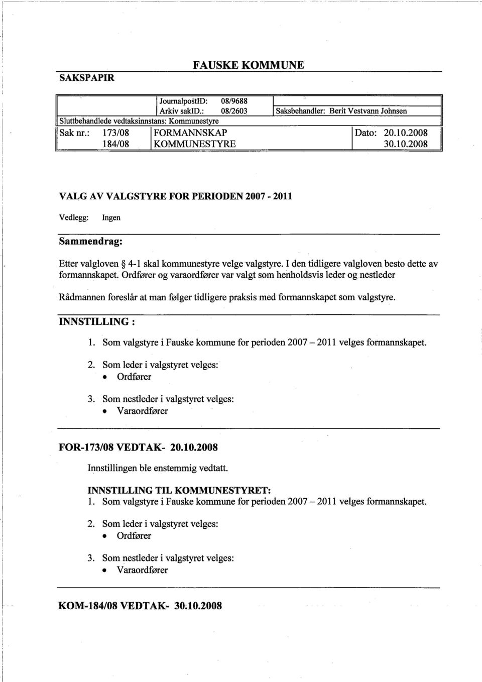 I den tidligere valgloven besto dette av formanskapet. og varaordfører var valgt som henholdsvis leder og nestleder Rådmanen foreslår at man følger tidligere praksis med formanskapet som valgstyre.