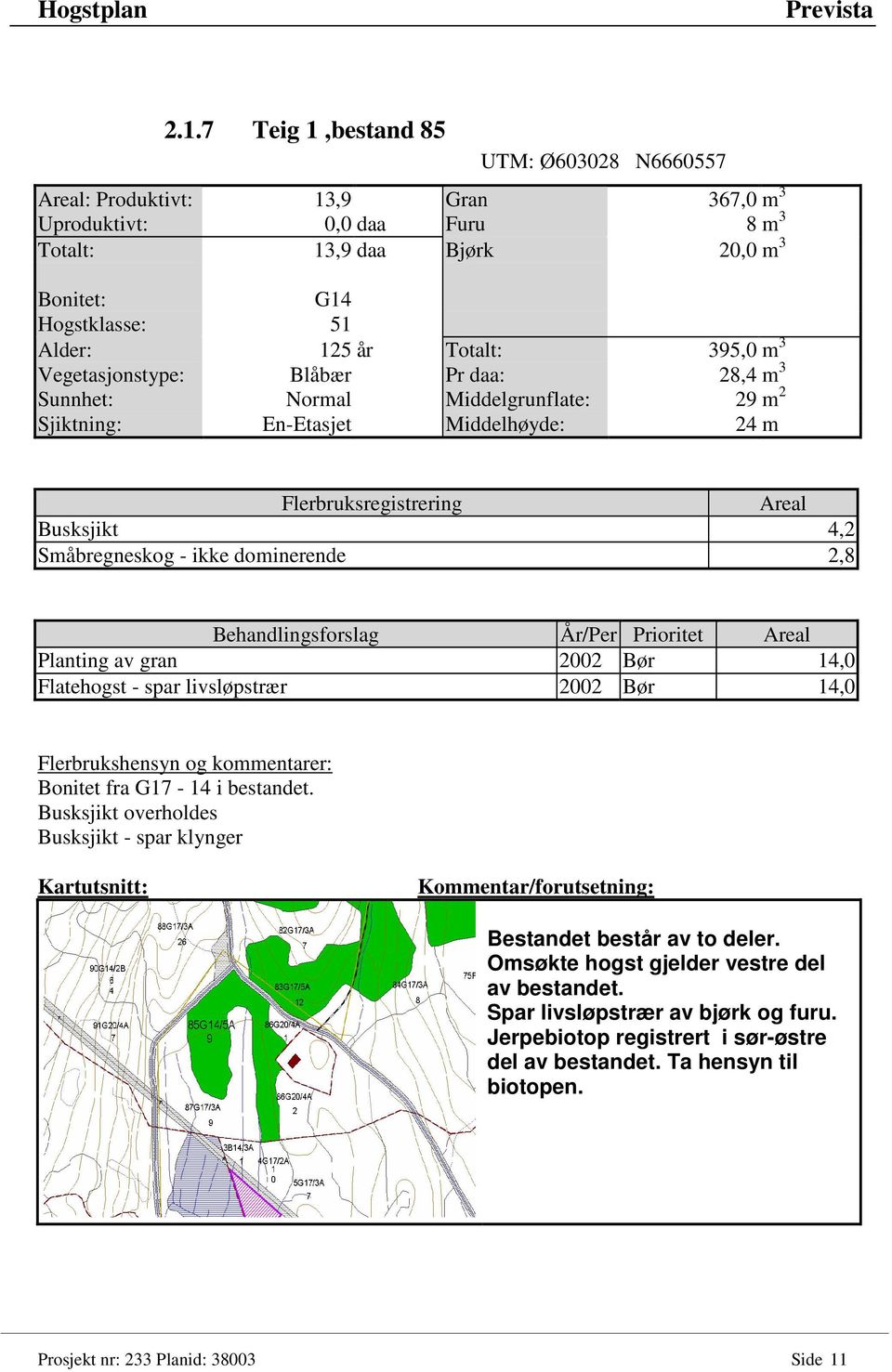 Flatehogst - spar livsløpstrær 2002 Bør 14,0 Flerbrukshensyn og kommentarer: Bonitet fra G17-14 i bestandet. Busksjikt overholdes Busksjikt - spar klynger Bestandet består av to deler.