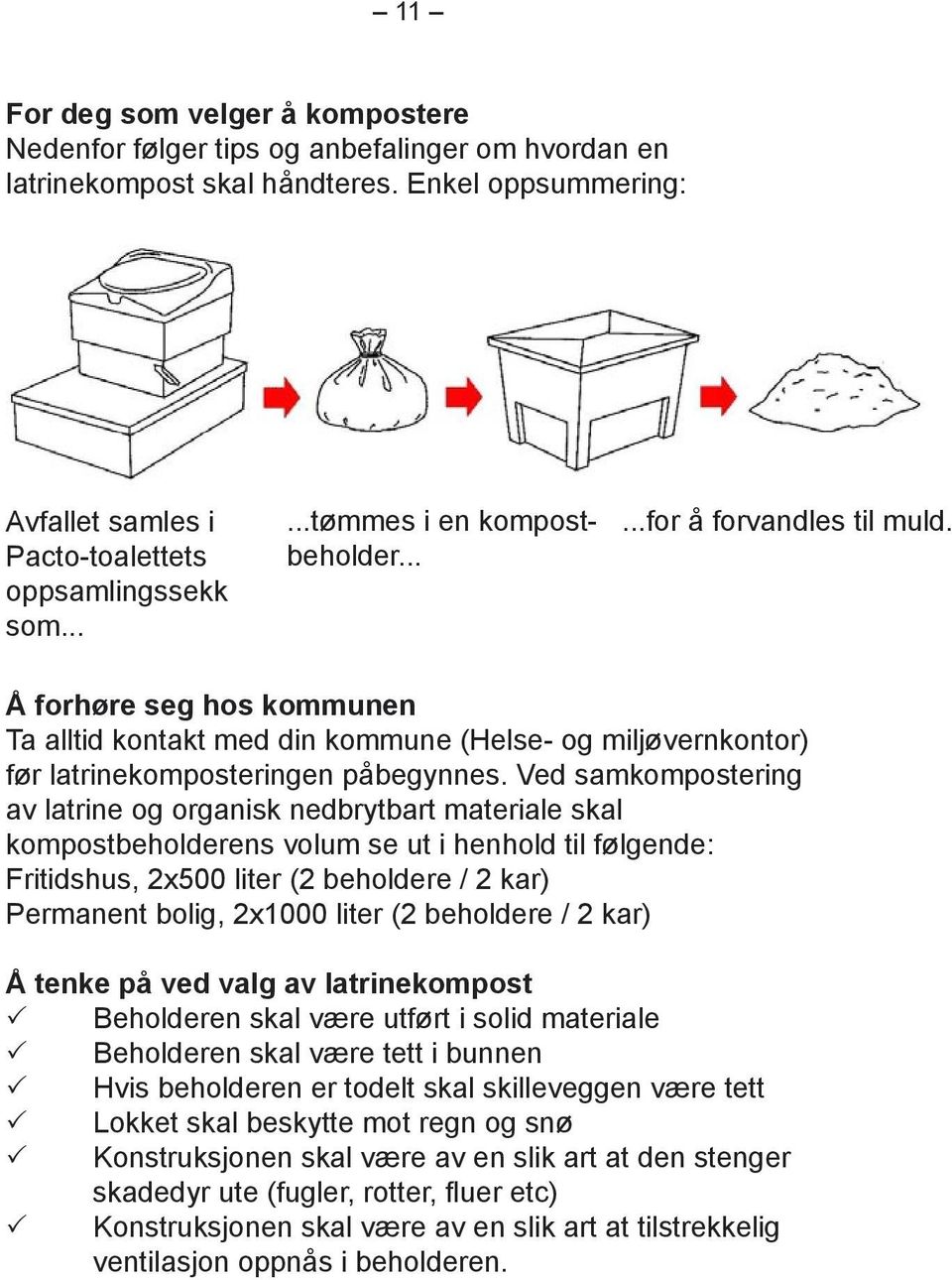 Ved samkompostering av latrine og organisk nedbrytbart materiale skal kompostbeholderens volum se ut i henhold til følgende: Fritidshus, 2x500 liter (2 beholdere / 2 kar) Permanent bolig, 2x1000