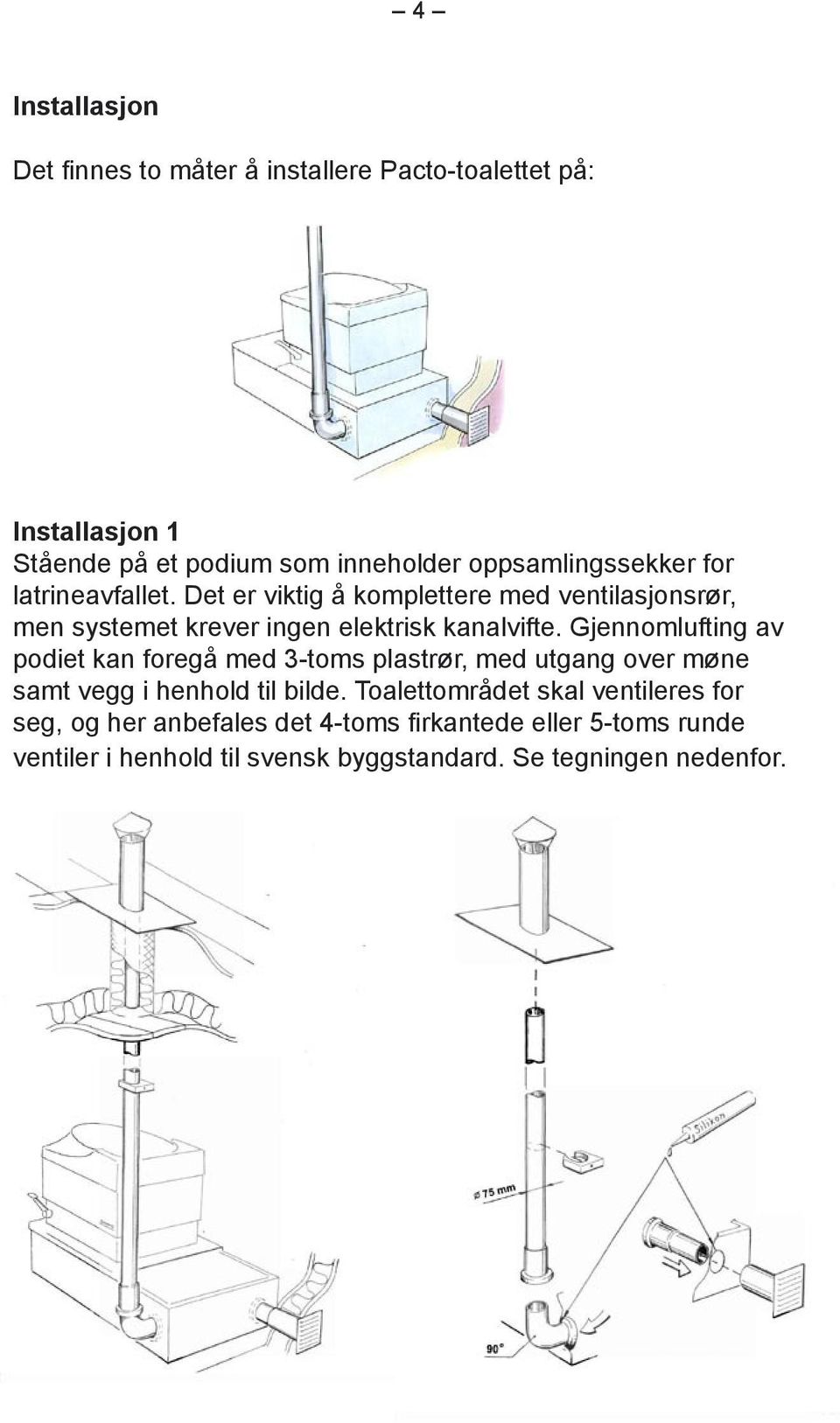 Det er viktig å komplettere med ventilasjonsrør, men systemet krever ingen elektrisk kanalvifte.