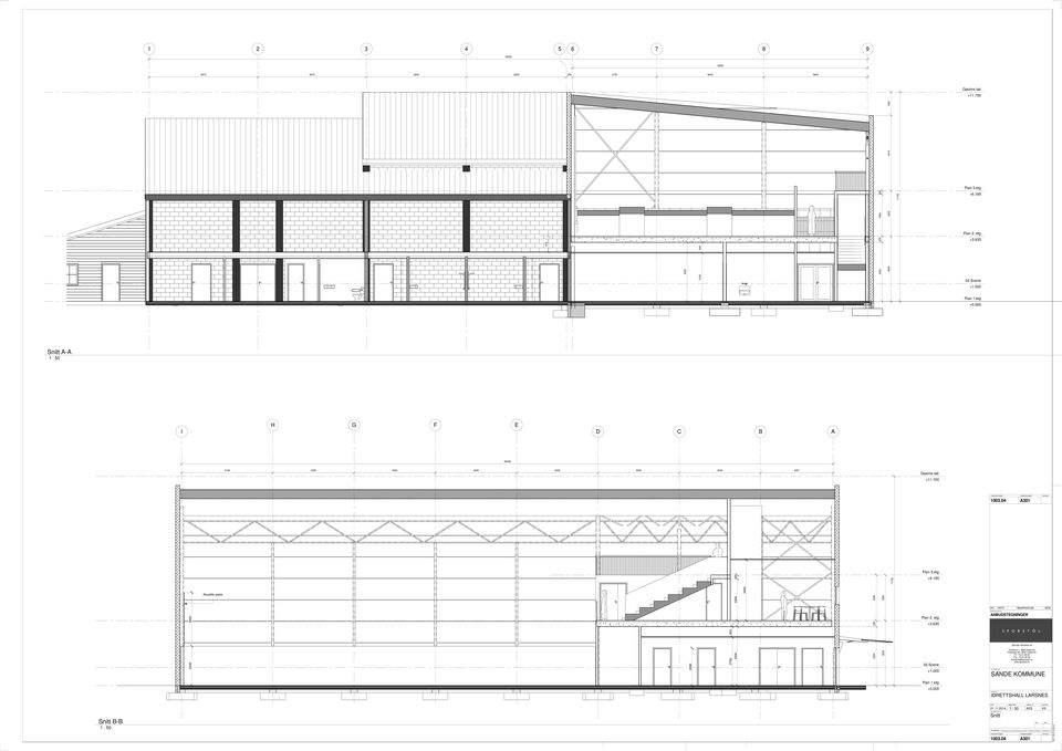 000 Snitt AA 1 : 50 I H G F E D C B A 36458 5100 4057 Gesims tak +11.700 A301 200 11700 Plan 3.etg +6.