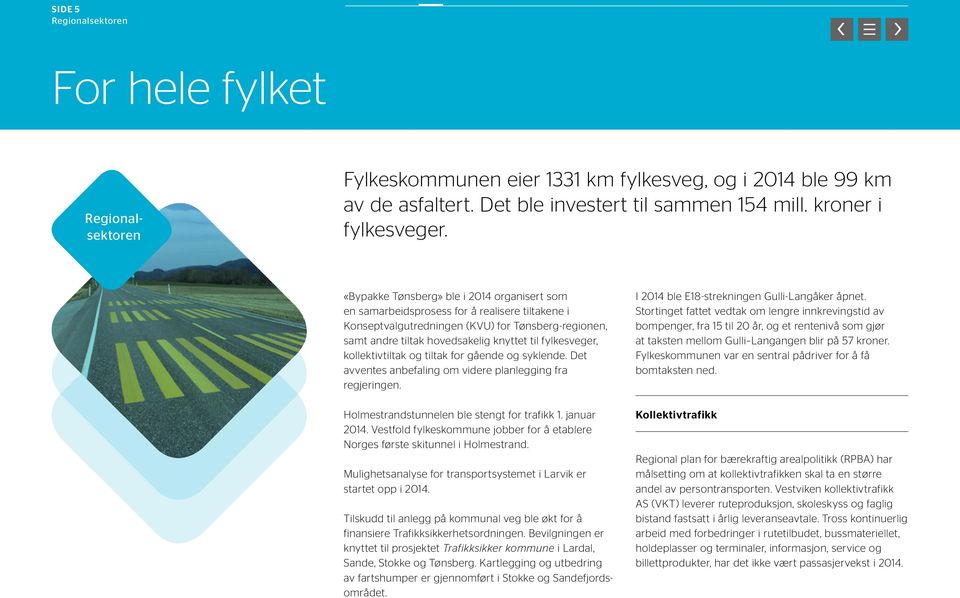 Regionalsektoren Fylkeskommunen eier 1331 km fylkesveg, og i 2014 ble 99 km av de asfaltert. Det ble investert til sammen 154 mill. kroner i fylkesveger.