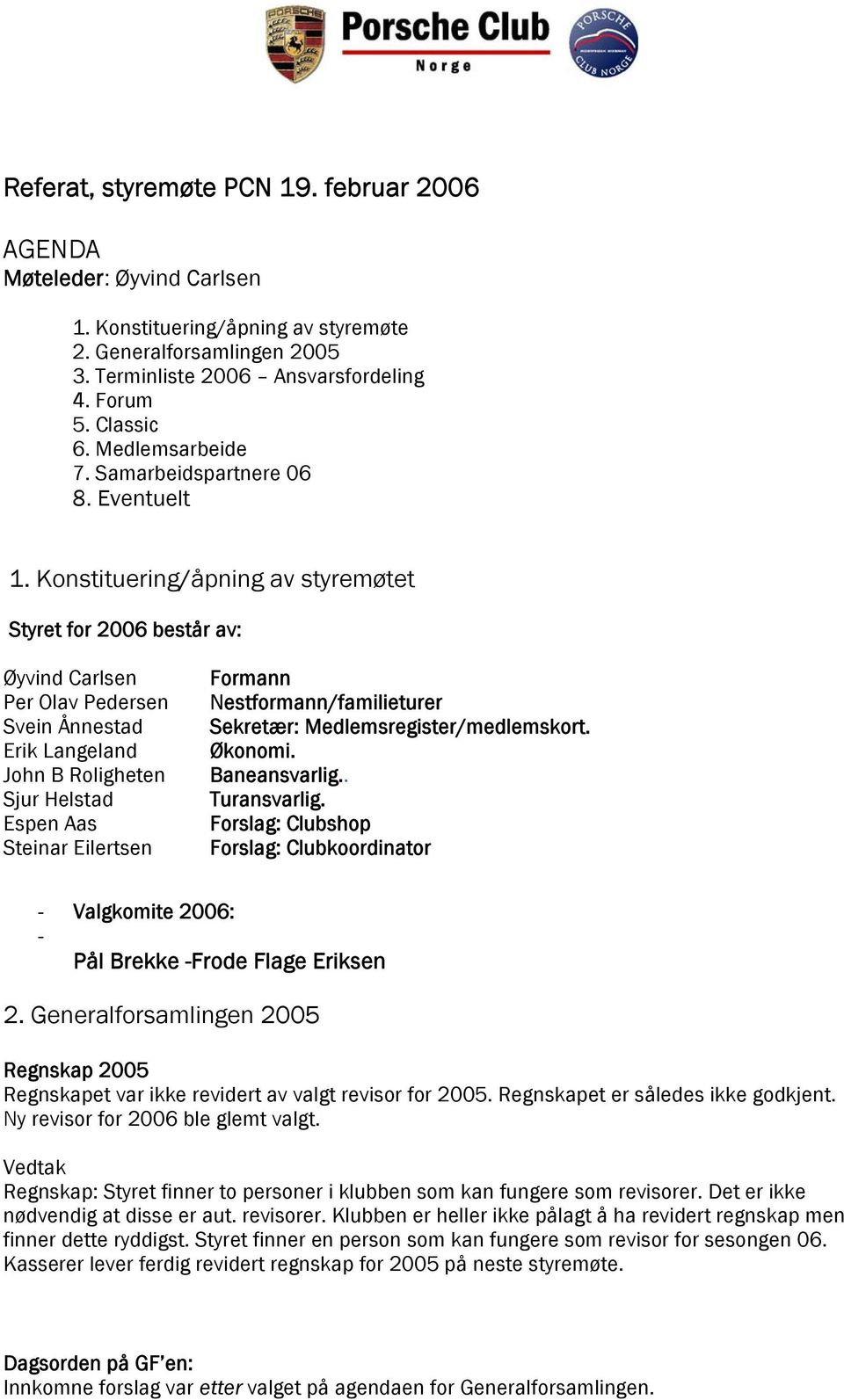 Konstituering/åpning av styremøtet Styret for 2006 består av: Øyvind Carlsen Per Olav Pedersen Svein Ånnestad Erik Langeland John B Roligheten Sjur Helstad Espen Aas Steinar Eilertsen Formann