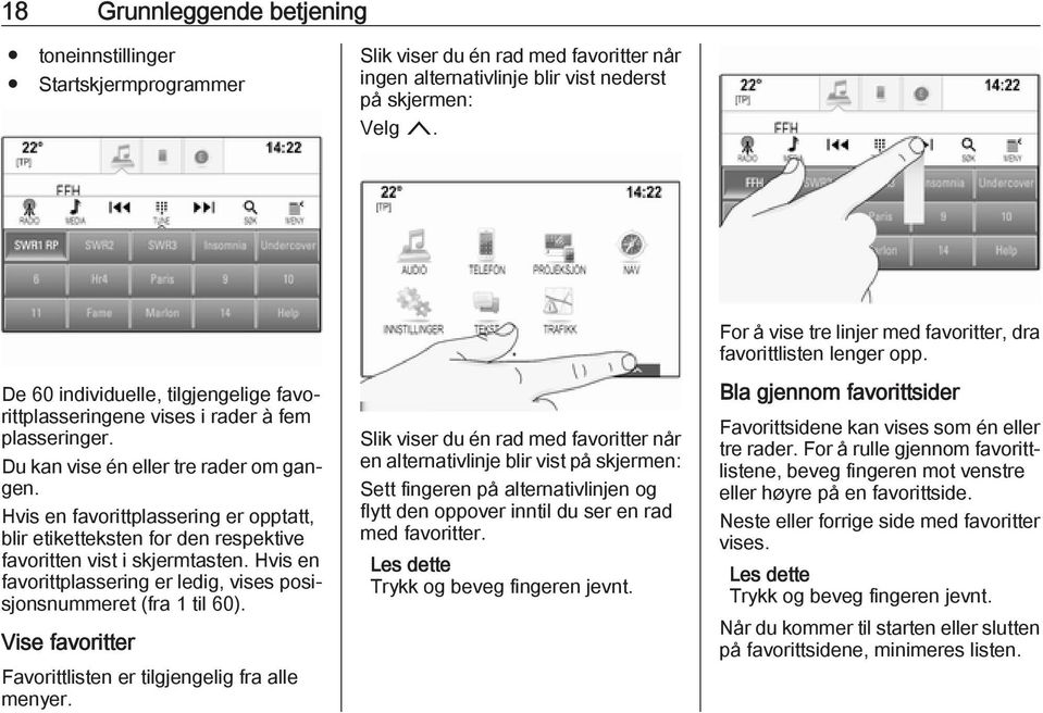 Hvis en favorittplassering er opptatt, blir etiketteksten for den respektive favoritten vist i skjermtasten. Hvis en favorittplassering er ledig, vises posisjonsnummeret (fra 1 til 60).