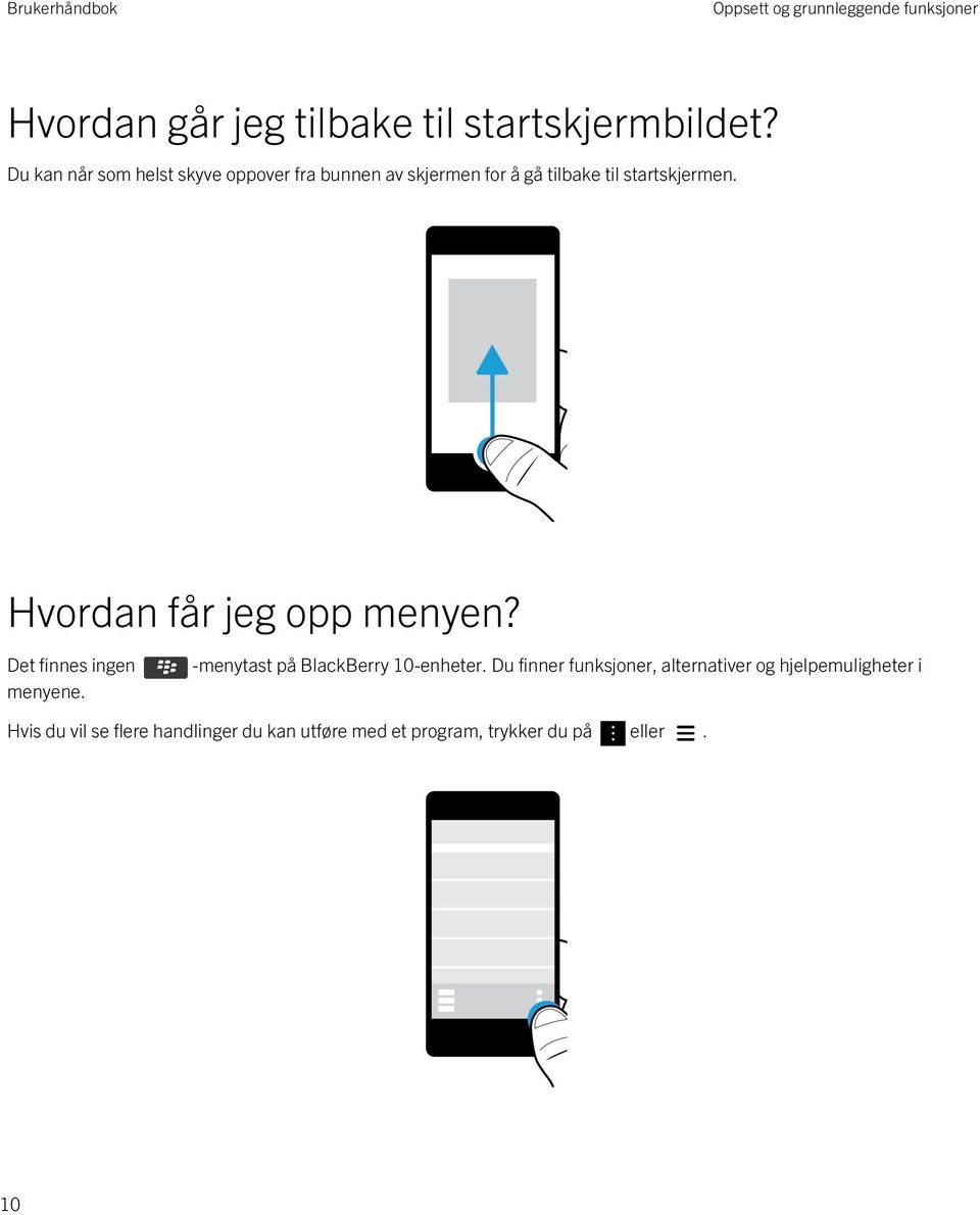 Hvordan får jeg opp menyen? Det finnes ingen menyene. -menytast på BlackBerry 10-enheter.