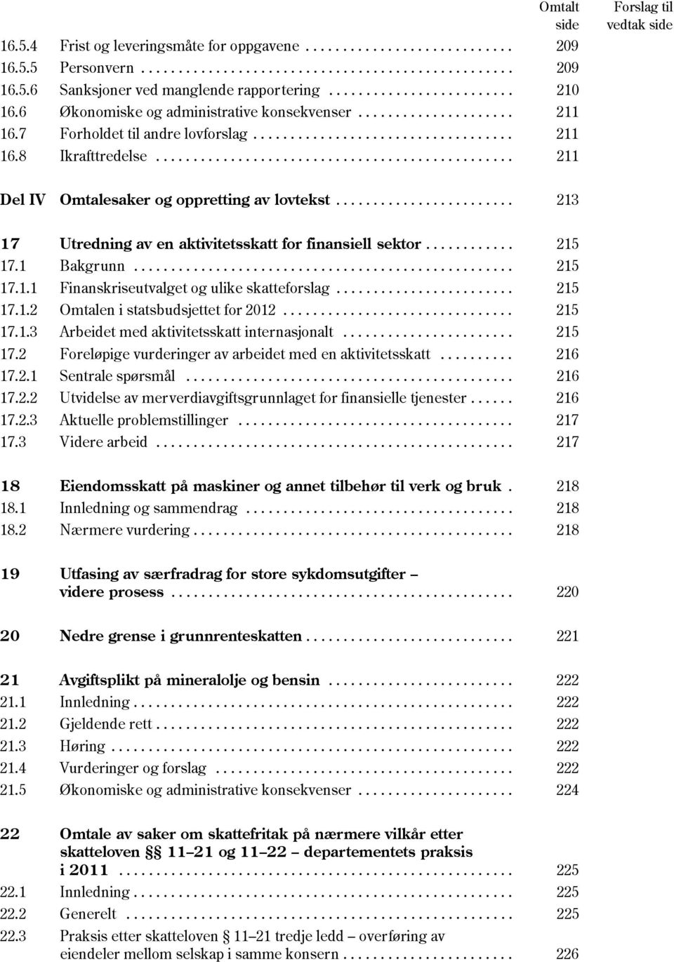 ............................................... 211 Forslag til vedtak side Del IV Omtalesaker og oppretting av lovtekst........................ 213 17 Utredning av en aktivitetsskatt for finansiell sektor.