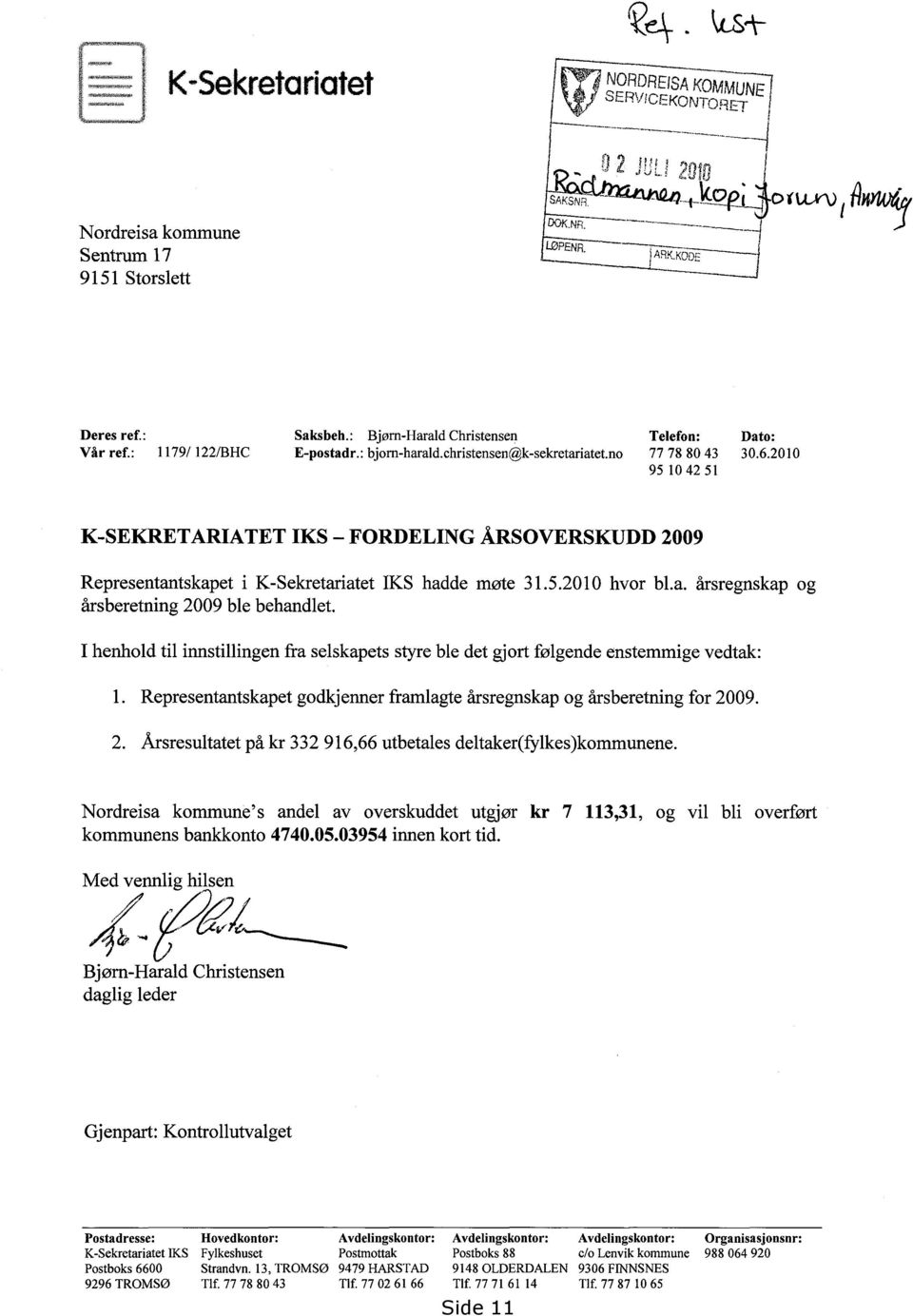 2010 95 10 42 51 K-SEKRETARIATET IKS FORDELING ÅRSOVERSKUDD 2009 Representantskapet i K-Sekretariatet IKS hadde møte 31.5.2010 hvor bl.a. årsregnskap og årsberetning 2009 ble behandlet.