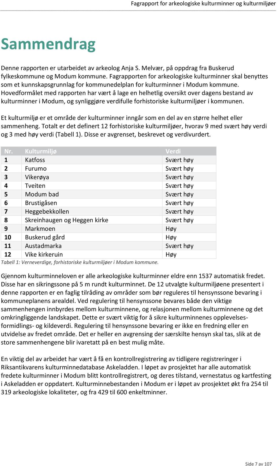 Hovedformålet med rapporten har vært å lage en helhetlig oversikt over dagens bestand av kulturminner i Modum, og synliggjøre verdifulle forhistoriske kulturmiljøer i kommunen.