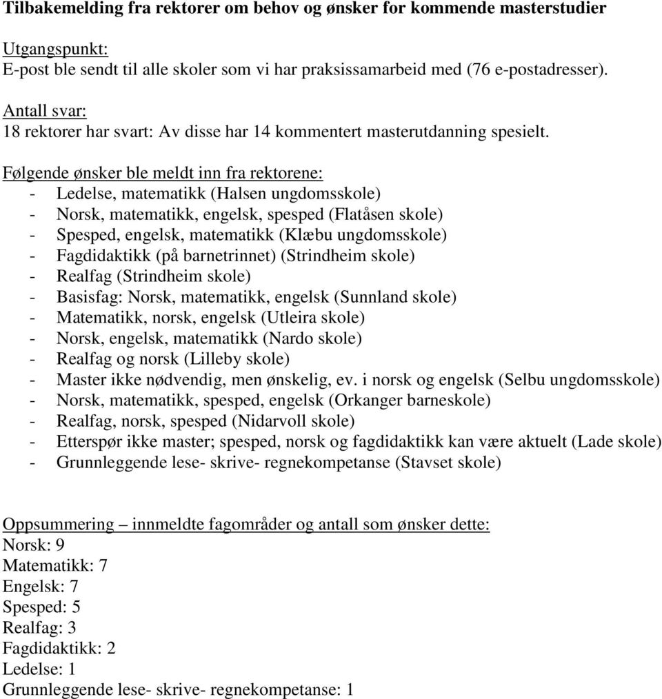 Følgende ønsker ble meldt inn fra rektorene: - Ledelse, matematikk (Halsen ungdomsskole) - Norsk, matematikk, engelsk, spesped (Flatåsen skole) - Spesped, engelsk, matematikk (Klæbu ungdomsskole) -