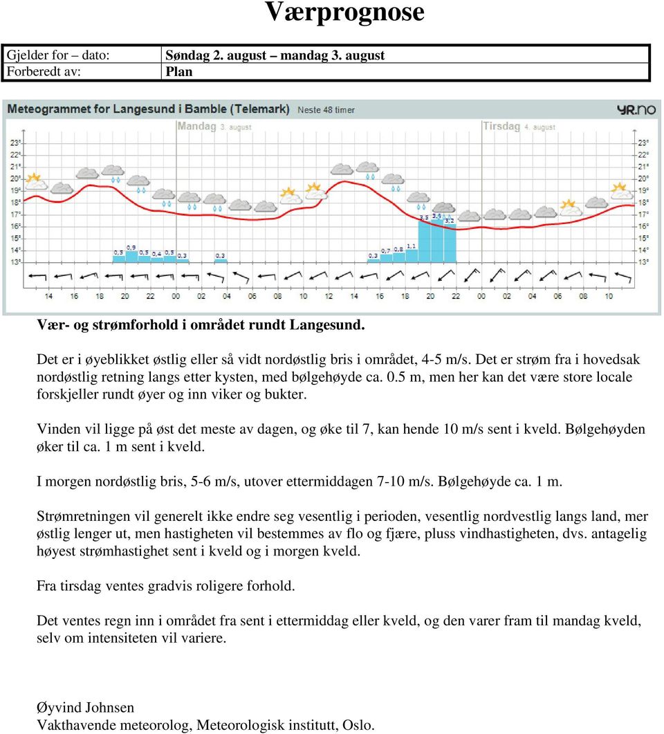 Vinden vil ligge på øst det meste av dagen, og øke til 7, kan hende 10 m/s sent i kveld. Bølgehøyden øker til ca. 1 m sent i kveld. I morgen nordøstlig bris, 56 m/s, utover ettermiddagen 710 m/s.