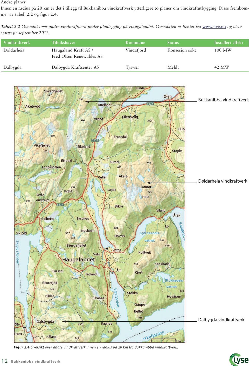 Vindkraftverk Tiltakshaver Kommune Status Installert effekt Døldarheia Haugaland Kraft AS / Vindafjord Konsesjon søkt 100 MW Fred Olsen Renewables AS Dalbygda Dalbygda Kraftsenter