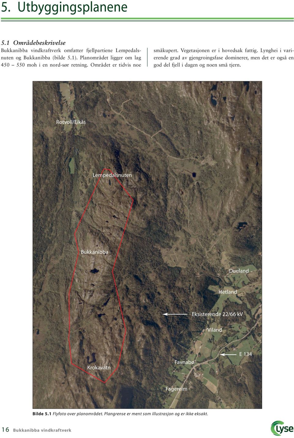 Lynghei i varierende grad av gjengroingsfase dominerer, men det er også en god del fjell i dagen og noen små tjern.