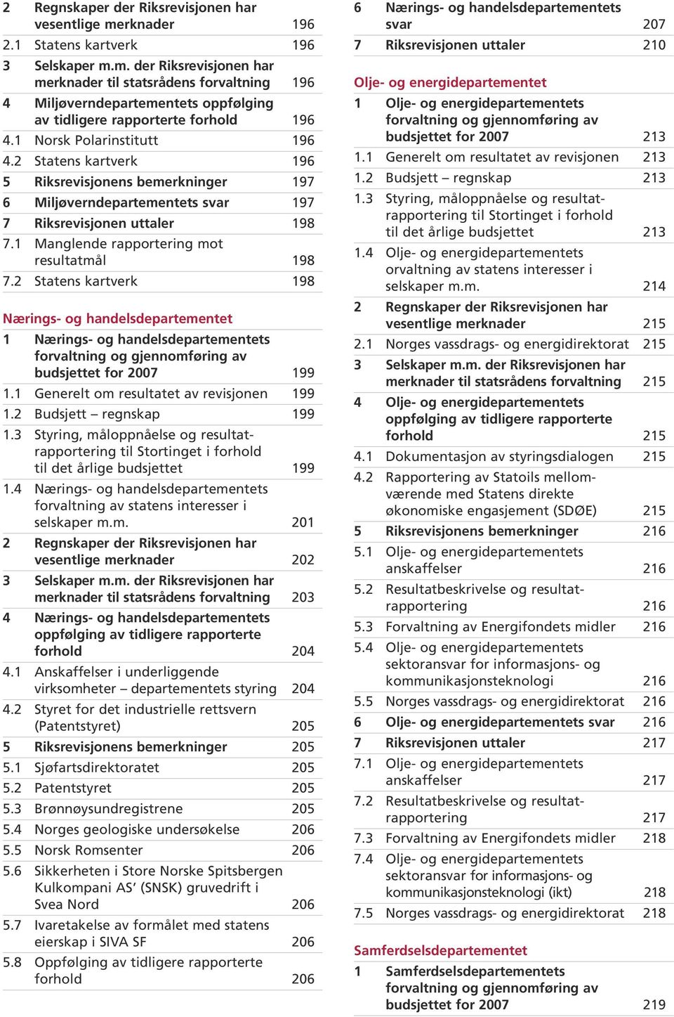 2 Statens kartverk 198 Nærings- og handelsdepartementet 1 Nærings- og handelsdepartementets forvaltning og gjennomføring av budsjettet for 2007 199 1.1 Generelt om resultatet av revisjonen 199 1.