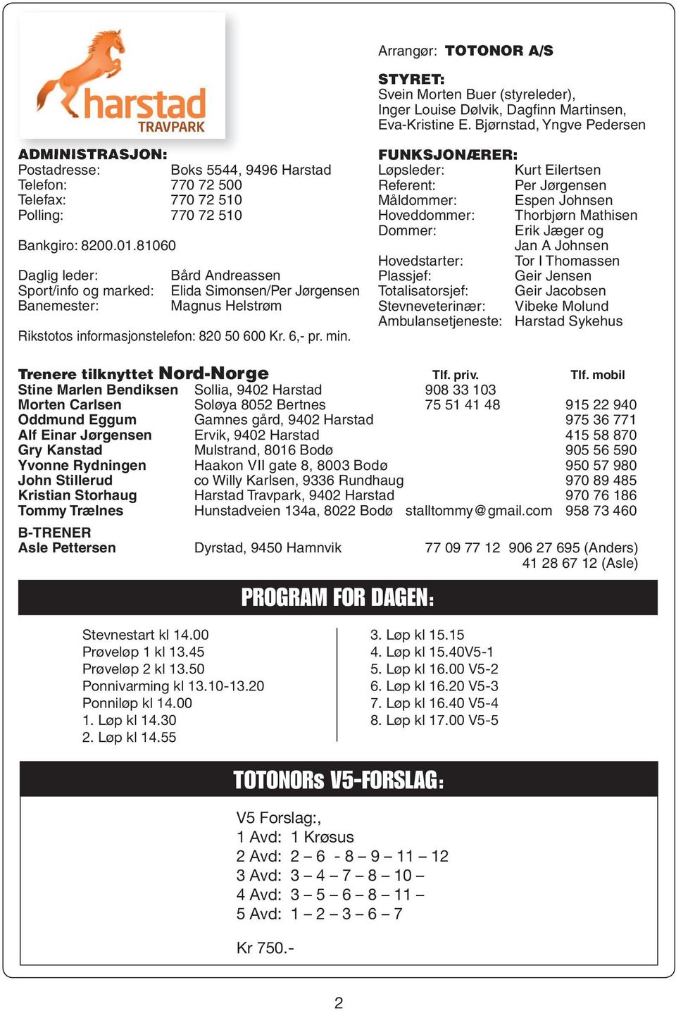 7 500 Telefax: 770 7 50 Polling: 770 7 50 Bankgiro: 800.0.8060 Daglig leder: Sport/info og marked: Banemester: Bård Andreassen Elida Simonsen/Per Jørgensen Magnus Helstrøm Rikstotos informasjonstelefon: 80 50 600 Kr.
