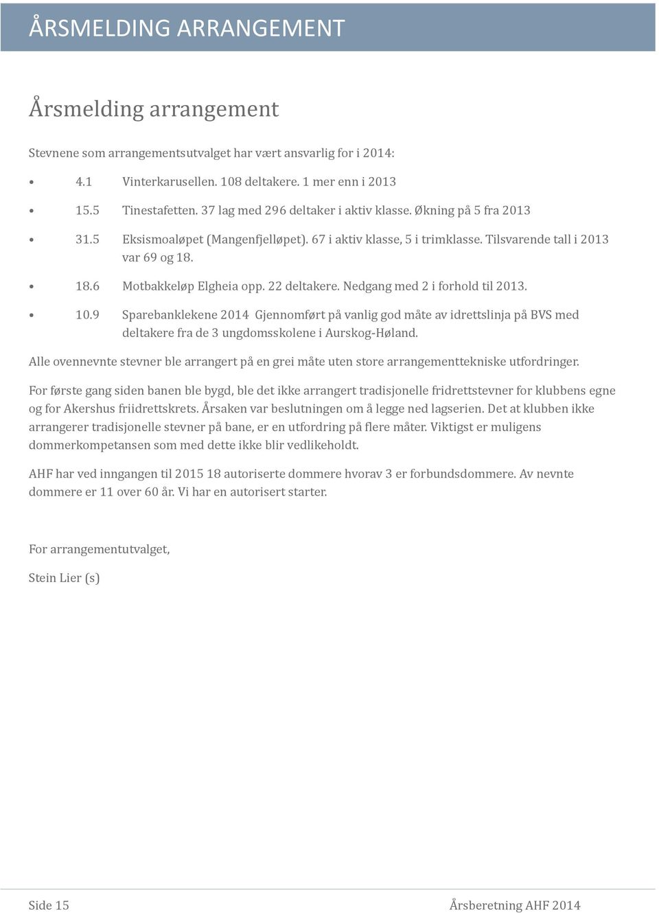 22 deltakere. Nedgang med 2 i forhold til 2013. 10.9 Sparebanklekene 2014 Gjennomført pa vanlig god ma te av idrettslinja pa BVS med deltakere fra de 3 ungdomsskolene i Åurskog-Høland.