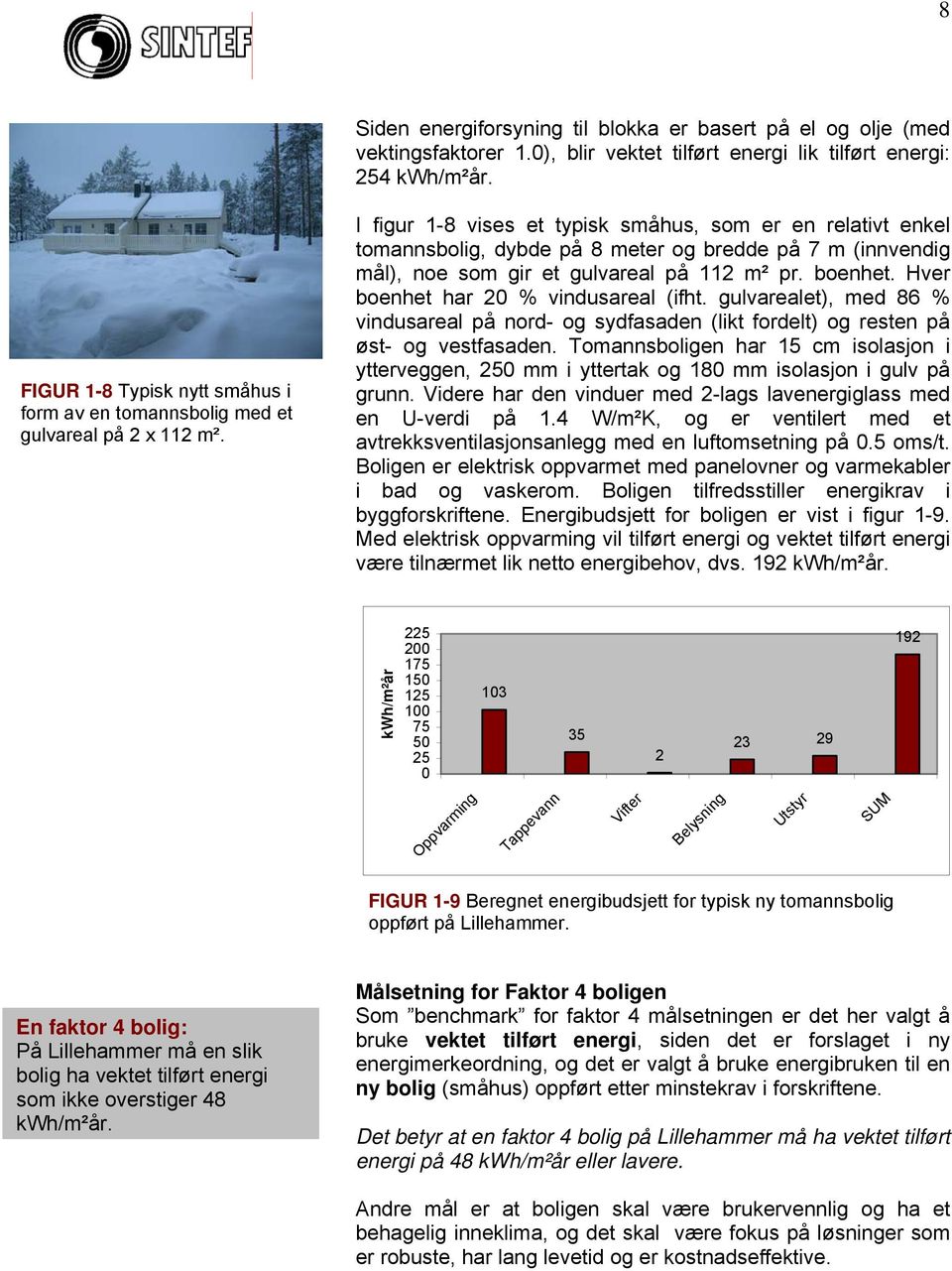 I figur 1-8 vises et typisk småhus, som er en relativt enkel tomannsbolig, dybde på 8 meter og bredde på 7 m (innvendig mål), noe som gir et gulvareal på 112 m² pr. boenhet.