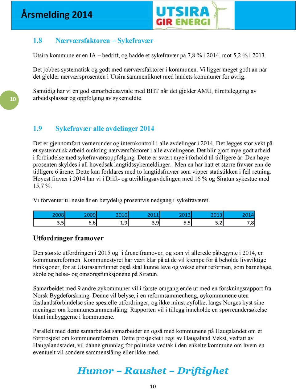 10 Samtidig har vi en god samarbeidsavtale med BHT når det gjelder AMU, tilrettelegging av arbeidsplasser og oppfølging av sykemeldte. 1.