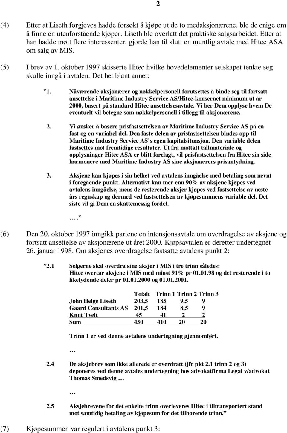 oktober 1997 skisserte Hitec hvilke hovedelementer selskapet tenkte seg skulle inngå i avtalen. Det het blant annet: 1.