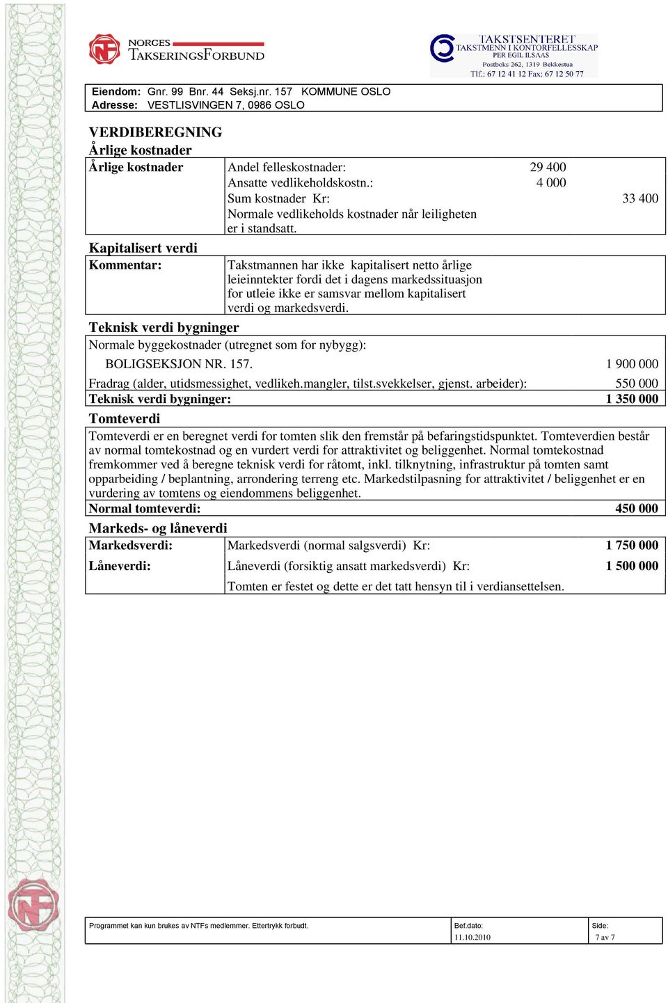 Kapitalisert verdi Kommentar: Takstmannen har ikke kapitalisert netto årlige leieinntekter fordi det i dagens markedssituasjon for utleie ikke er samsvar mellom kapitalisert verdi og markedsverdi.