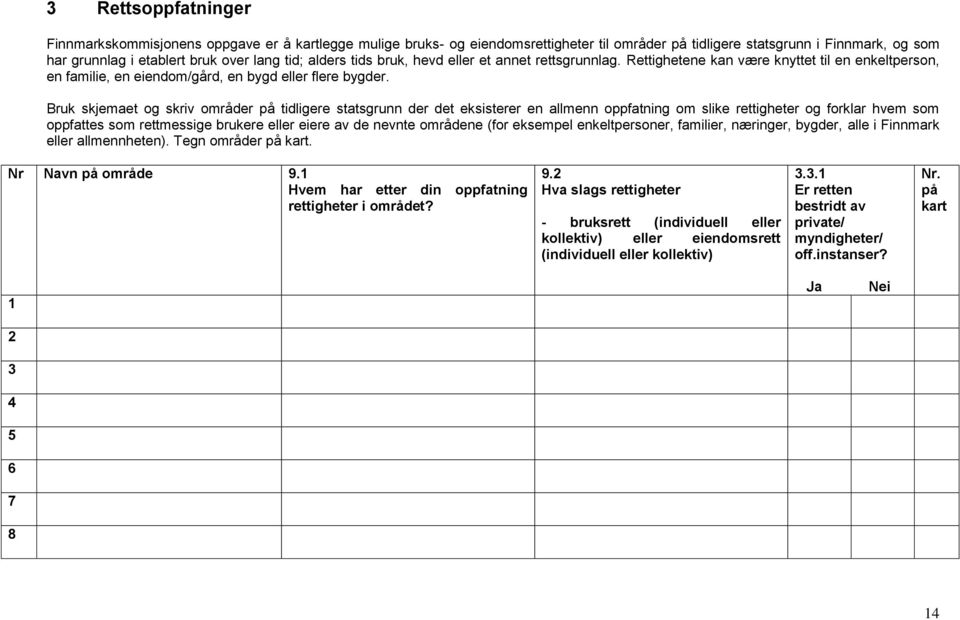 Bruk skjemaet og skriv områder på tidligere statsgrunn der det eksisterer en allmenn oppfatning om slike rettigheter og forklar hvem som oppfattes som rettmessige brukere eller eiere av de nevnte