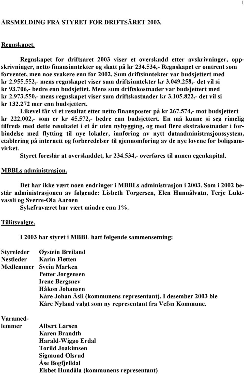 258,- det vil si kr 93.706,- bedre enn budsjettet. Mens sum driftskostnader var budsjettert med kr 2.973.550,- mens regnskapet viser sum driftskostnader kr 3.105.822,- det vil si kr 132.