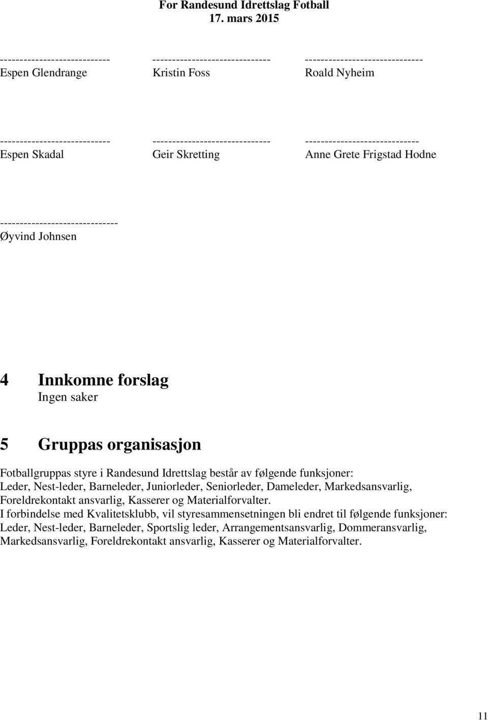 ------------------------------ ----------------------------- Espen Skadal Geir Skretting Anne Grete Frigstad Hodne ------------------------------ Øyvind Johnsen 4 Innkomne forslag Ingen saker 5