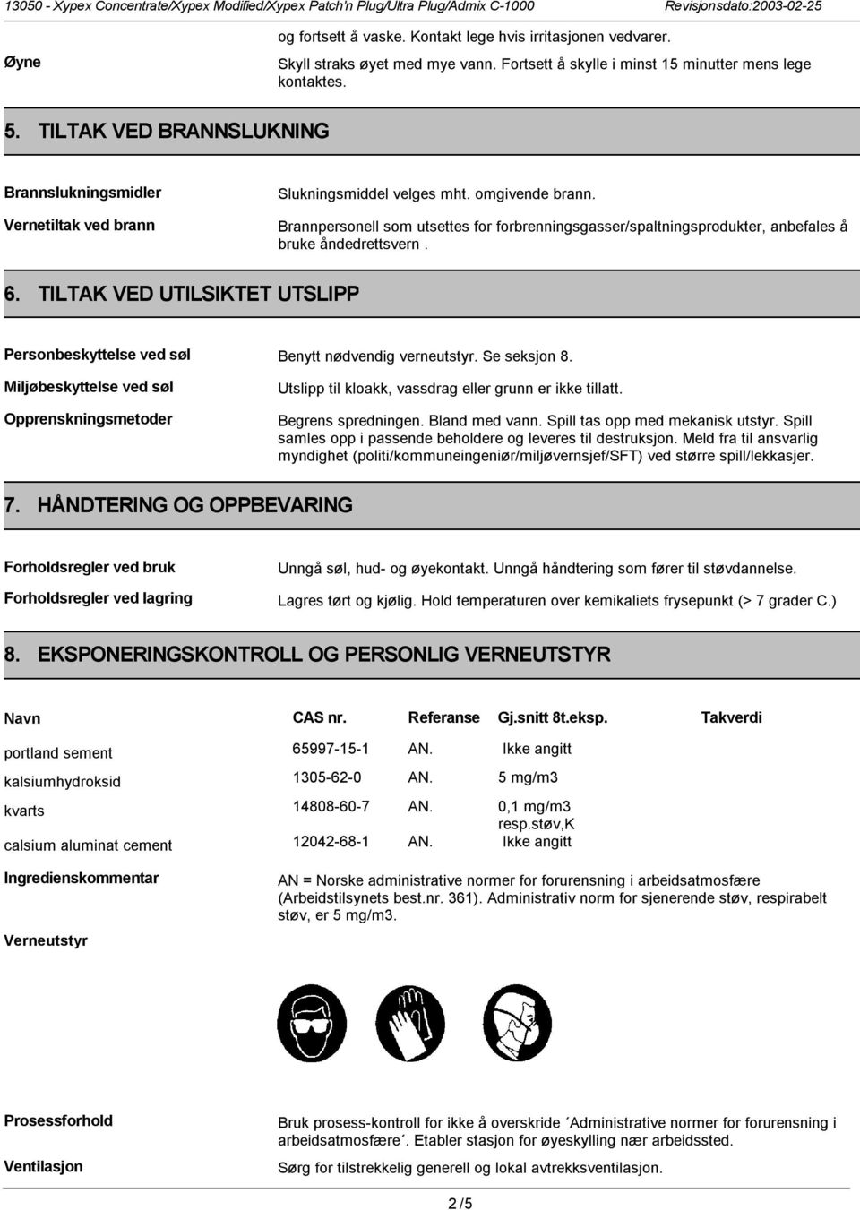 Brannpersonell som utsettes for forbrenningsgasser/spaltningsprodukter, anbefales å bruke åndedrettsvern. 6. TILTAK VED UTILSIKTET UTSLIPP Personbeskyttelse ved søl Benytt nødvendig verneutstyr.