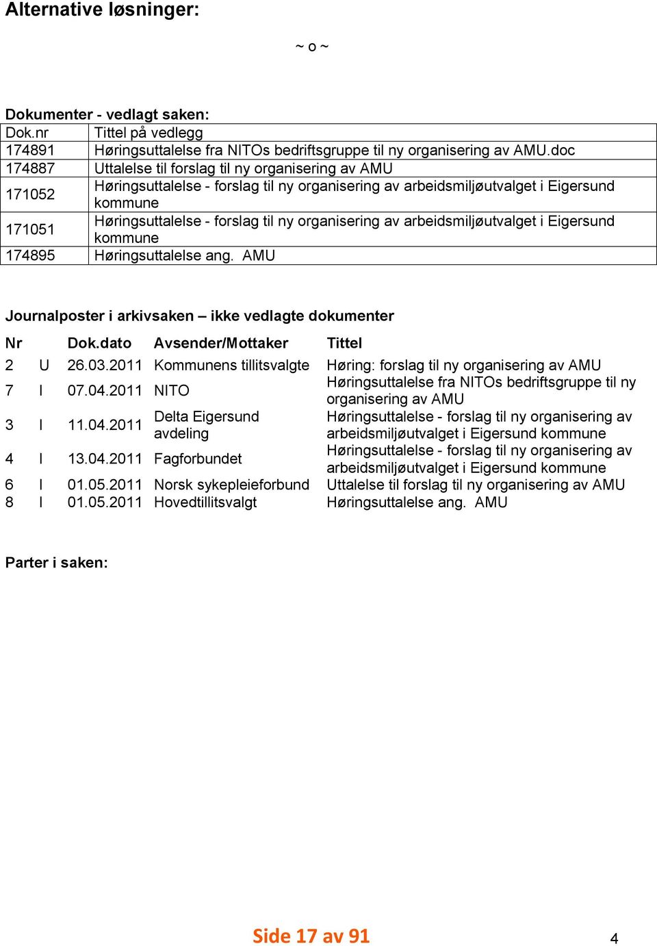 organisering av arbeidsmiljøutvalget i Eigersund 171051 kommune 174895 Høringsuttalelse ang. AMU Journalposter i arkivsaken ikke vedlagte dokumenter Nr 2 U Dok.dato Avsender/Mottaker 26.03.