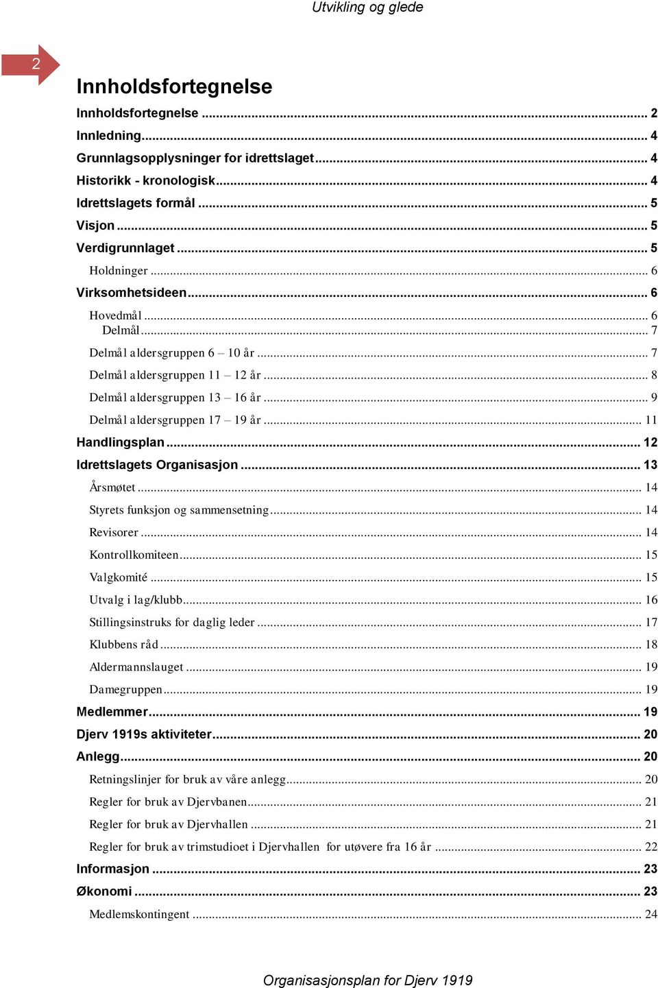 .. 9 Delmål aldersgruppen 17 19 år... 11 Handlingsplan... 12 Idrettslagets Organisasjon... 13 Årsmøtet... 14 Styrets funksjon og sammensetning... 14 Revisorer... 14 Kontrollkomiteen... 15 Valgkomité.