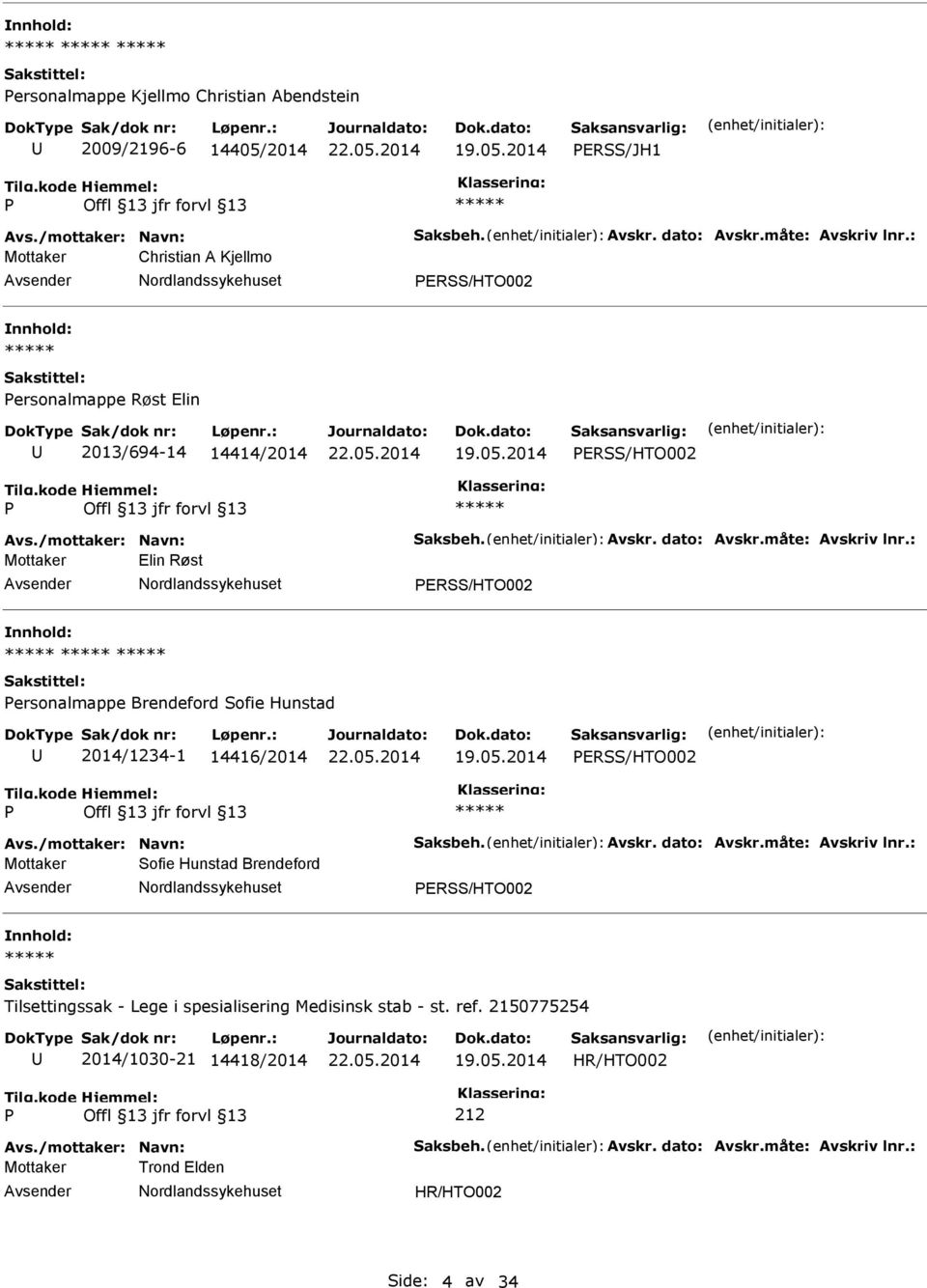 : Mottaker Elin Røst ERSS/HTO002 ersonalmappe Brendeford Sofie Hunstad 2014/1234-1 14416/2014 ERSS/HTO002 Avs./mottaker: Navn: Saksbeh. Avskr. dato: Avskr.måte: Avskriv lnr.