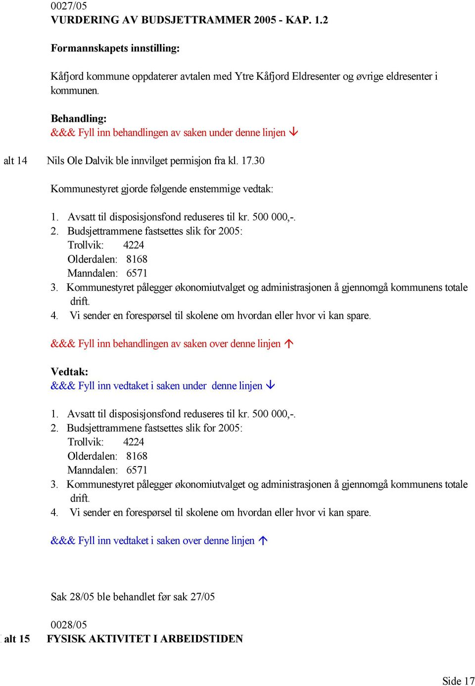 Budsjettrammene fastsettes slik for 2005: Trollvik: 4224 Olderdalen: 8168 Manndalen: 6571 3. Kommunestyret pålegger økonomiutvalget og administrasjonen å gjennomgå kommunens totale drift. 4. Vi sender en forespørsel til skolene om hvordan eller hvor vi kan spare.