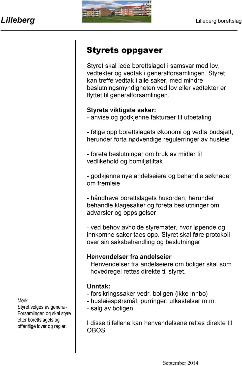 Styrets viktigste saker: anvise og godkjenne fakturaer til utbetaling følge opp borettslagets økonomi og vedta budsjett, herunder forta nødvendige regulerringer av husleie foreta beslutninger om bruk