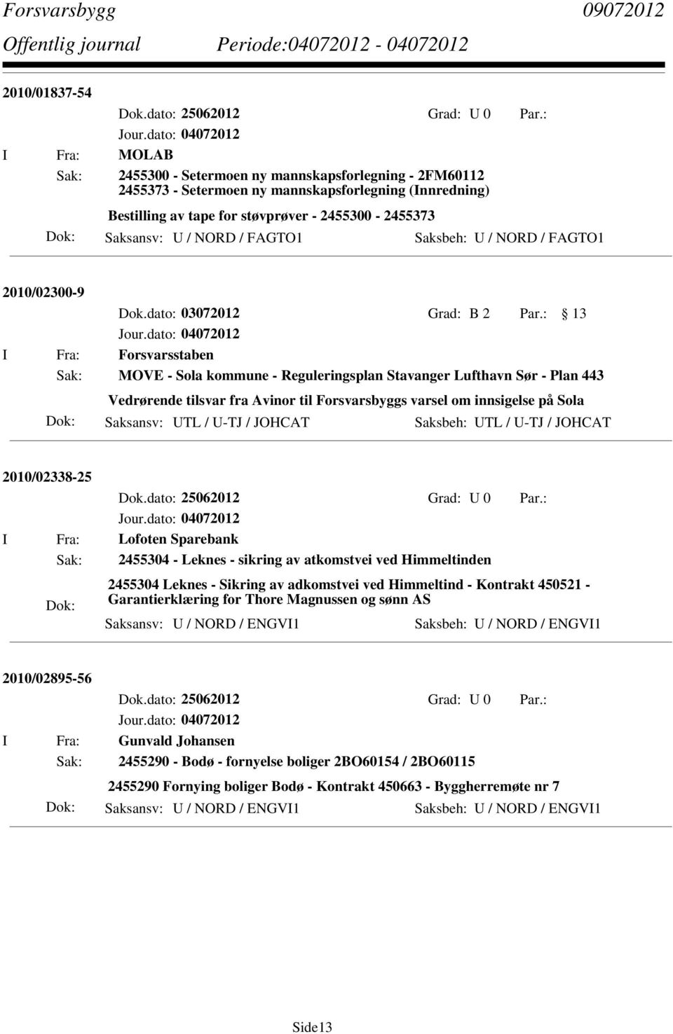 : 13 I Fra: Forsvarsstaben Sak: MOVE - Sola kommune - Reguleringsplan Stavanger Lufthavn Sør - Plan 443 Vedrørende tilsvar fra Avinor til Forsvarsbyggs varsel om innsigelse på Sola Saksansv: UTL /