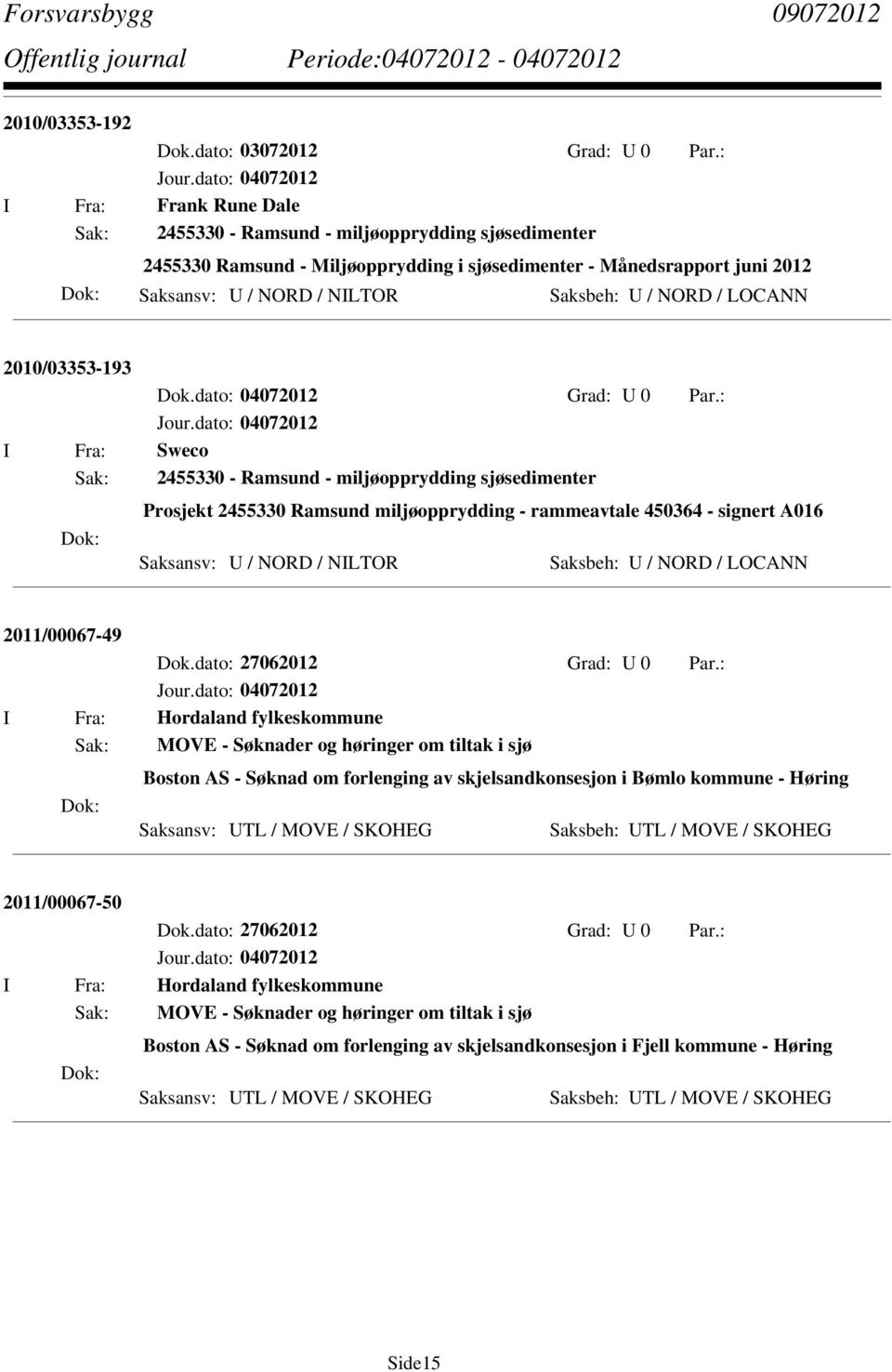 : I Fra: Sweco Sak: 2455330 - Ramsund - miljøopprydding sjøsedimenter Prosjekt 2455330 Ramsund miljøopprydding - rammeavtale 450364 - signert A016 Saksansv: U / NORD / NILTOR Saksbeh: U / NORD /