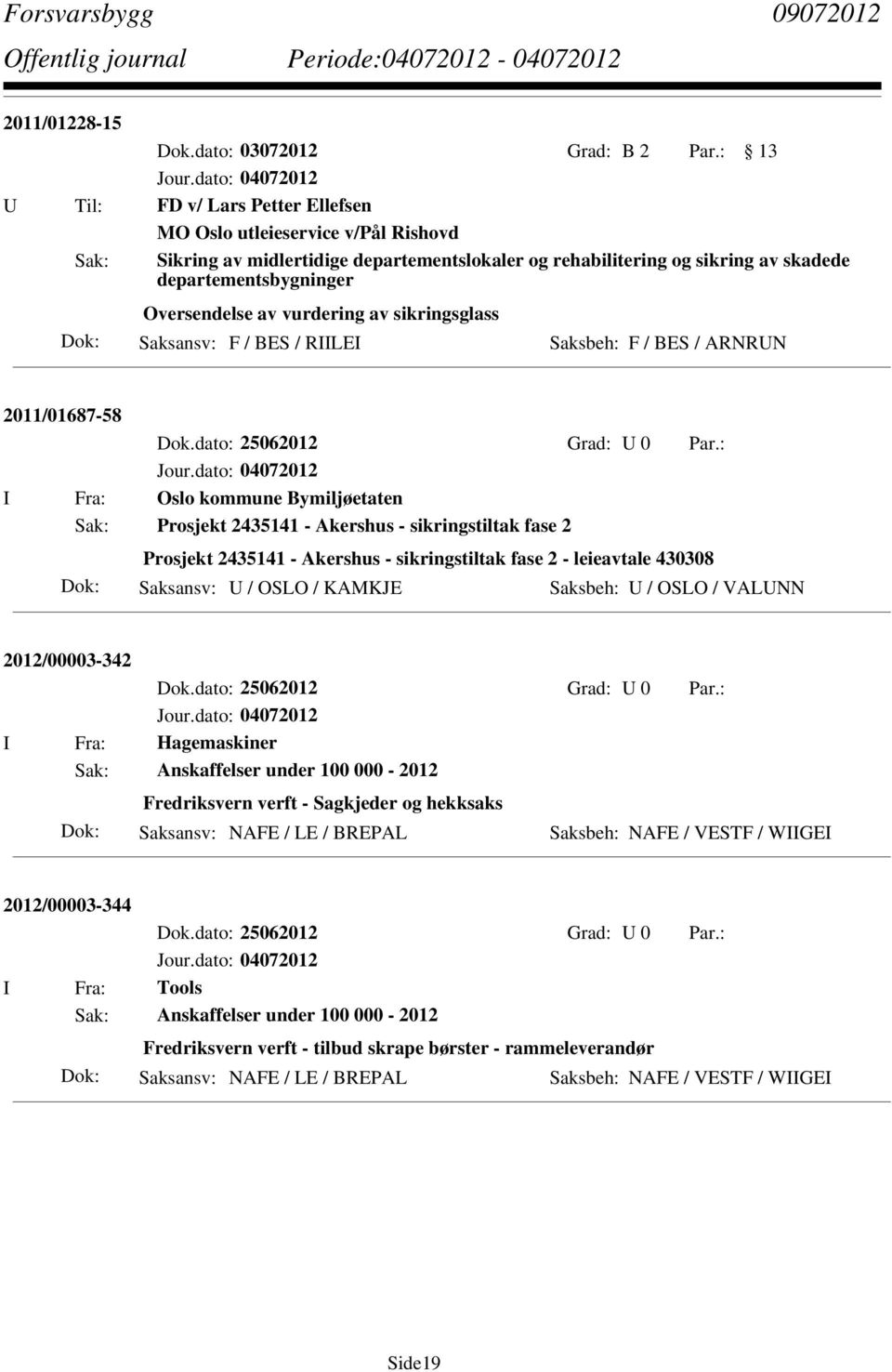 av vurdering av sikringsglass Saksansv: F / BES / RIILEI Saksbeh: F / BES / ARNRUN 2011/01687-58 I Fra: Oslo kommune Bymiljøetaten Sak: Prosjekt 2435141 - Akershus - sikringstiltak fase 2 Prosjekt