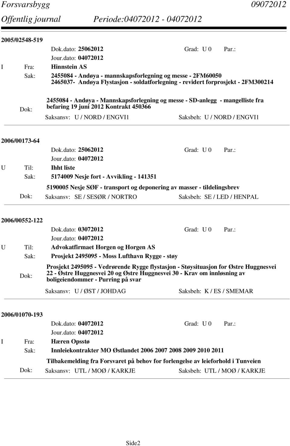 Nesje fort - Avvikling - 141351 5190005 Nesje SØF - transport og deponering av masser - tildelingsbrev Saksansv: SE / SESØR / NORTRO Saksbeh: SE / LED / HENPAL 2006/00552-122 U Til: Advokatfirmaet