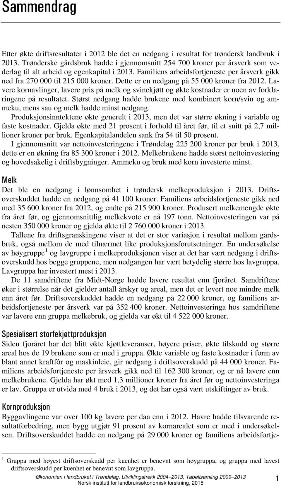 Familiens arbeidsfortjeneste per årsverk gikk ned fra 270 000 til 215 000 kroner. Dette er en nedgang på 55 000 kroner fra 2012.