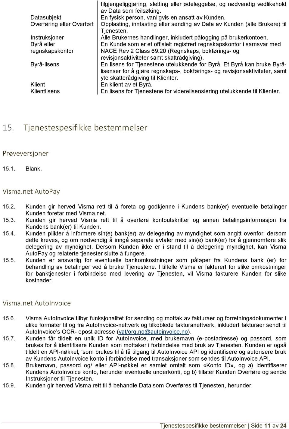 Alle Brukernes handlinger, inkludert pålogging på brukerkontoen. En Kunde som er et offisielt registrert regnskapskontor i samsvar med NACE Rev 2 Class 69.