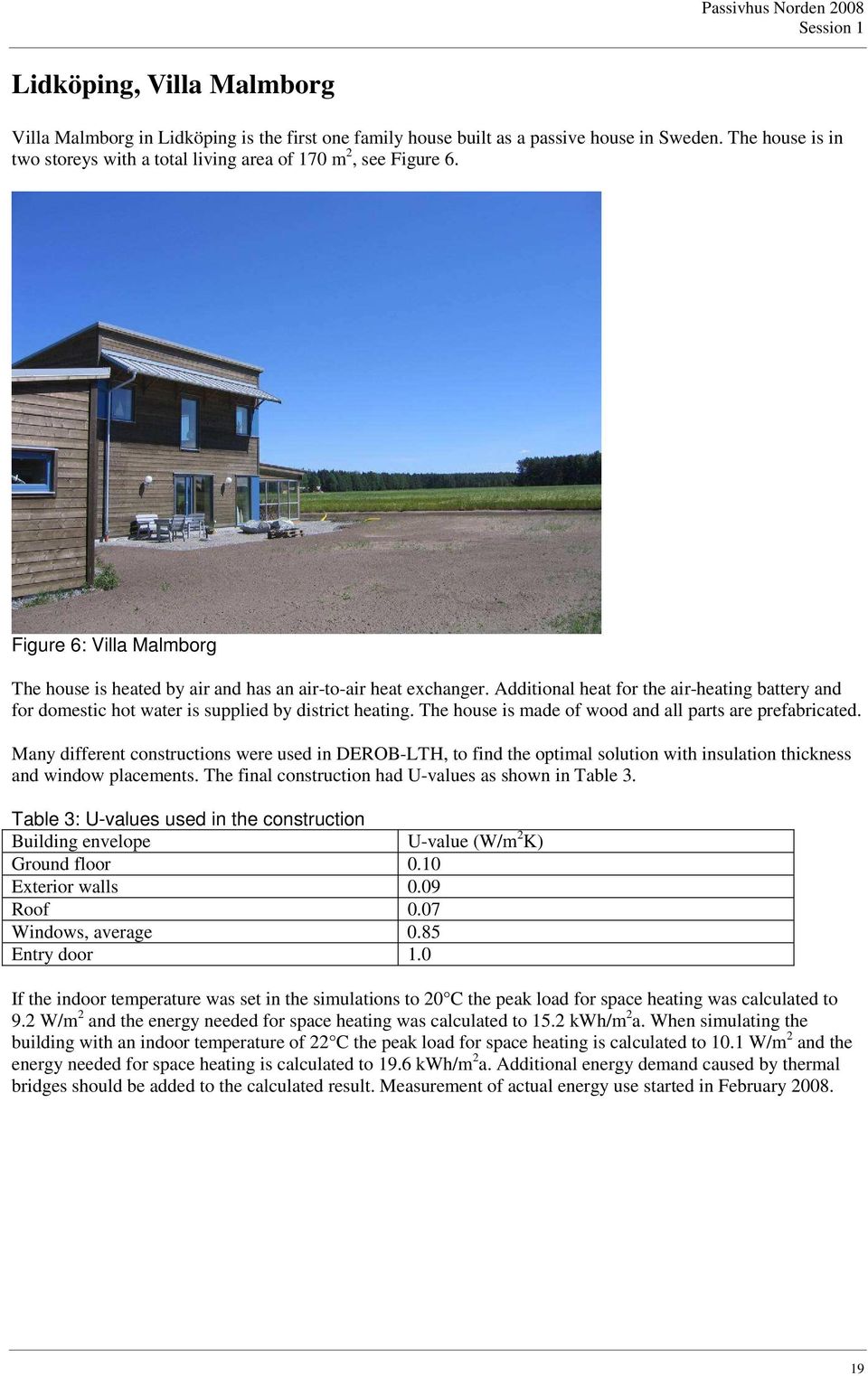 Additional heat for the air-heating battery and for domestic hot water is supplied by district heating. The house is made of wood and all parts are prefabricated.