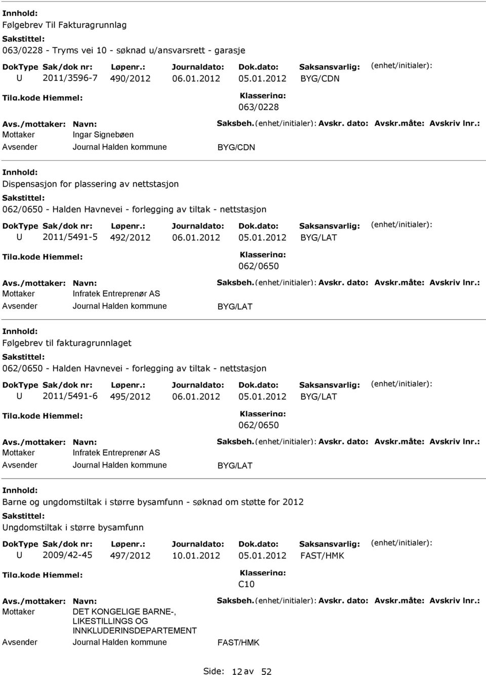 05.01.2012 BYG/CDN 063/0228 Ingar Signebøen BYG/CDN Dispensasjon for plassering av nettstasjon 062/0650 - Halden Havnevei - forlegging av tiltak - nettstasjon 2011/5491-5 492/2012 05.01.2012 BYG/LAT 062/0650 Infratek ntreprenør AS BYG/LAT Følgebrev til fakturagrunnlaget 062/0650 - Halden Havnevei - forlegging av tiltak - nettstasjon 2011/5491-6 495/2012 05.