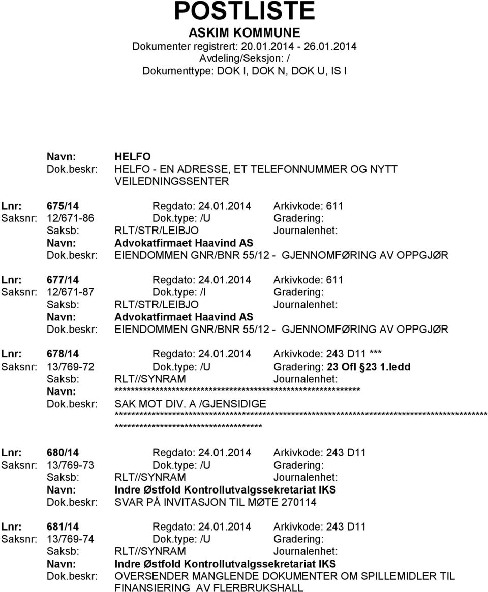 2014 Arkivkode: 611 Saksnr: 12/671-87 Dok.type: /I Gradering: Saksb: RLT/STR/LEIBJO Journalenhet: Advokatfirmaet Haavind AS EIENDOMMEN GNR/BNR 55/12 - GJENNOMFØRING AV OPPGJØR Lnr: 678/14 Regdato: 24.