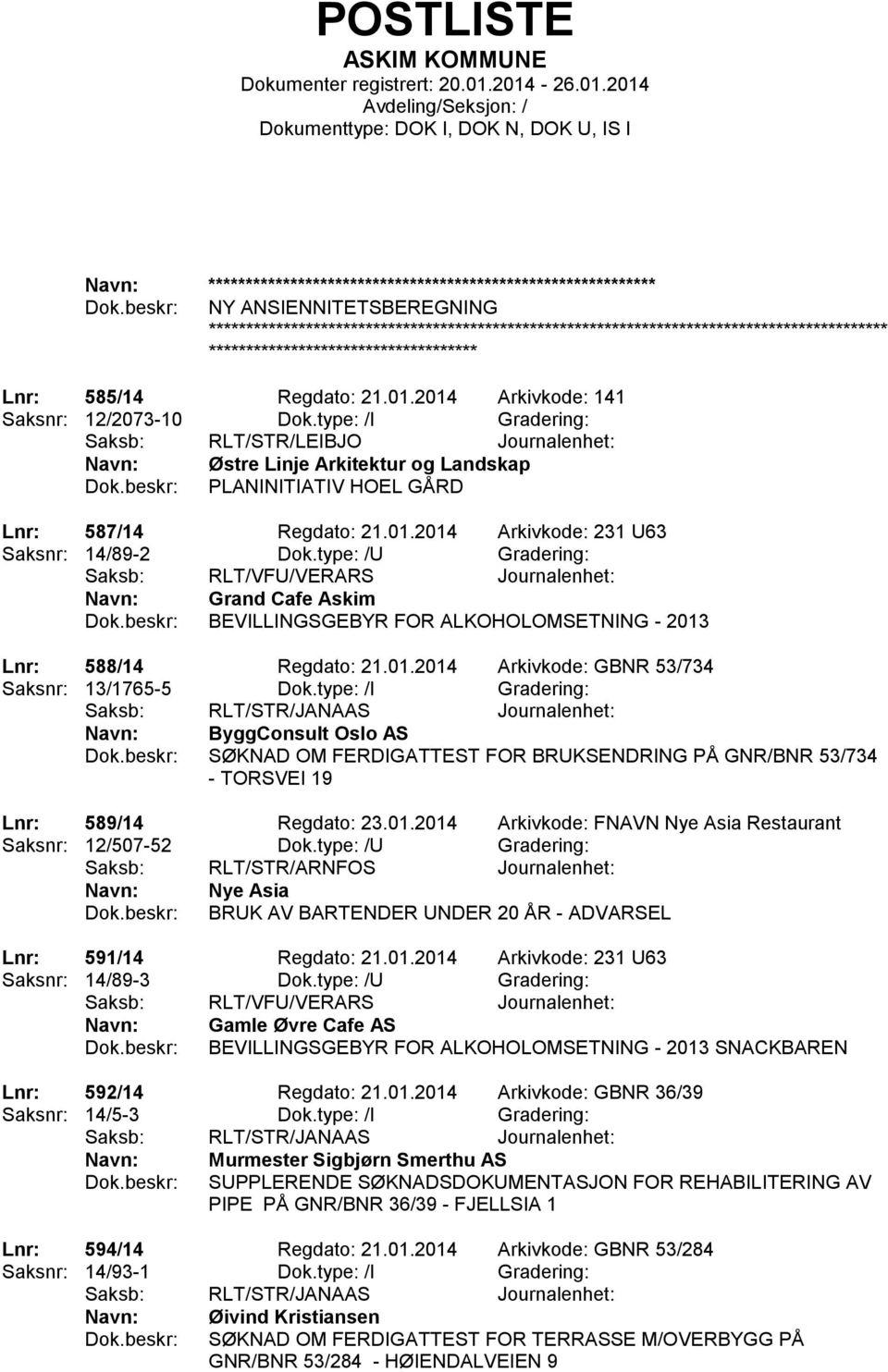 type: /U Gradering: Saksb: RLT/VFU/VERARS Journalenhet: Grand Cafe Askim BEVILLINGSGEBYR FOR ALKOHOLOMSETNING - 2013 Lnr: 588/14 Regdato: 21.01.2014 Arkivkode: GBNR 53/734 Saksnr: 13/1765-5 Dok.