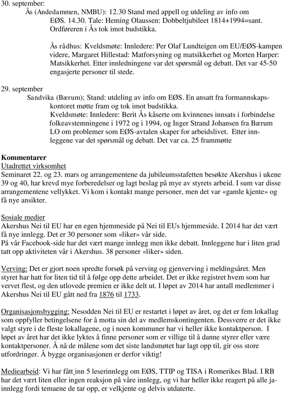 Etter innledningene var det spørsmål og debatt. Det var 45-50 engasjerte personer til stede. 29. september Sandvika (Bærum); Stand: utdeling av info om EØS.