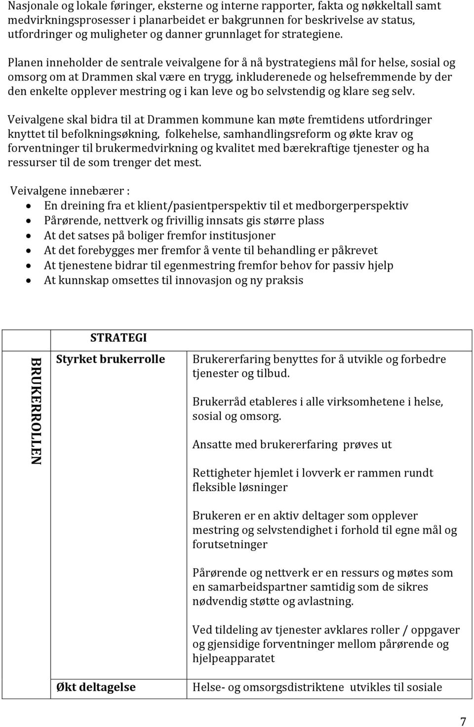 Planen inneholder de sentrale veivalgene for å nå bystrategiens mål for helse, sosial og omsorg om at Drammen skal være en trygg, inkluderenede og helsefremmende by der den enkelte opplever mestring