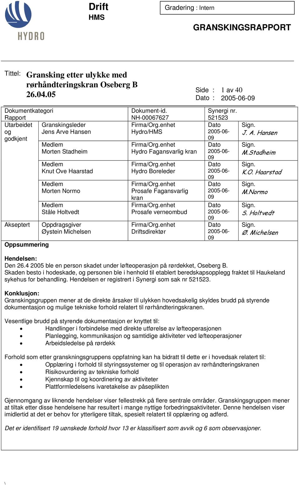 Morten Normo Medlem Ståle Holtvedt Oppdragsgiver Øystein Michelsen Dokument-id. NH-00067627 Firma/Org.enhet Hydro/HMS Firma/Org.enhet Hydro Fagansvarlig kran Firma/Org.enhet Hydro Boreleder Firma/Org.