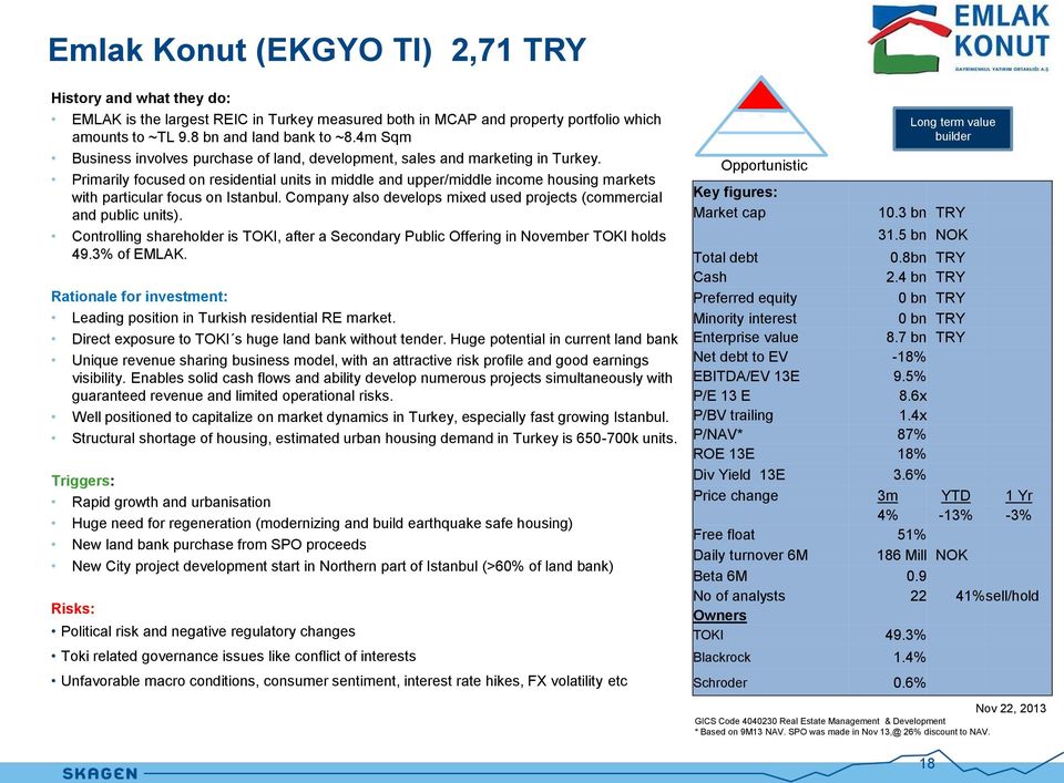 Primarily focused on residential units in middle and upper/middle income housing markets with particular focus on Istanbul. Company also develops mixed used projects (commercial and public units).